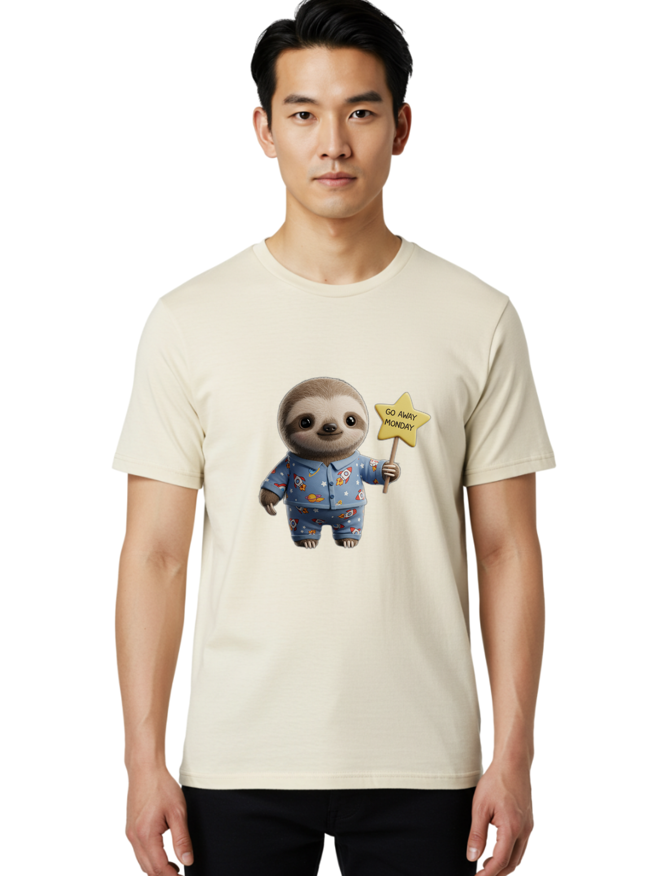 Go-Away-Monday-Sloth-3 Men'S Graphic Tee, 100% Cotton, Comfortable Casual Summer Wear, Machine Washable, Cute Sloth, Funny Sloth, Sloth In Pajamas, Space Themed, Cartoon Character, Go Away Monday Sign, Humorous Illustration, Quirky Design, Bae459