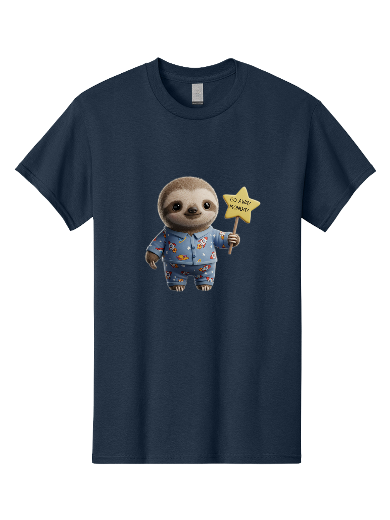 Go-Away-Monday-Sloth-3 Men'S Graphic Tee, 100% Cotton, Comfortable Casual Summer Wear, Machine Washable, Cute Sloth, Funny Sloth, Sloth In Pajamas, Space Themed, Cartoon Character, Go Away Monday Sign, Humorous Illustration, Quirky Design, Bae459