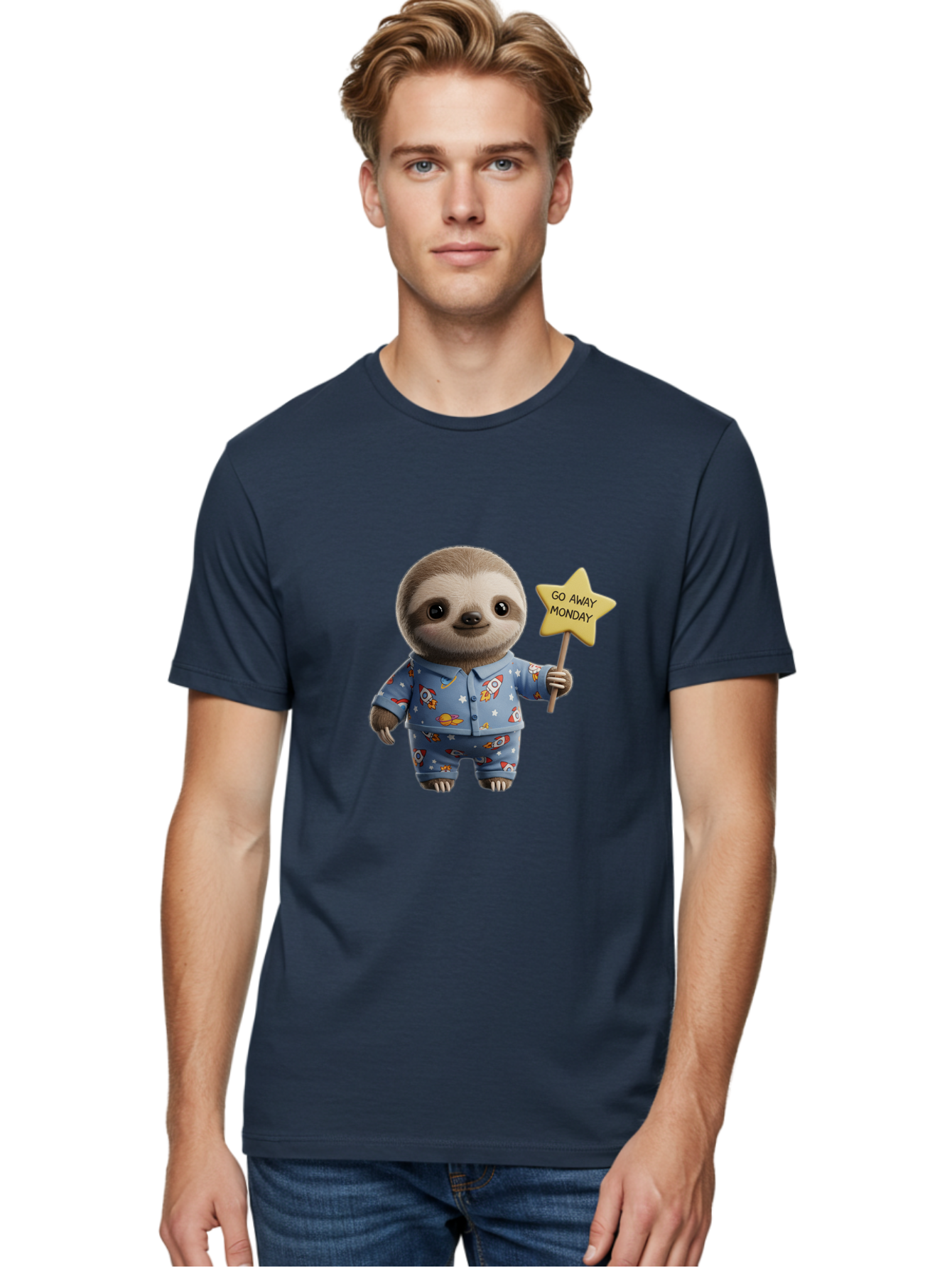 Go-Away-Monday-Sloth-3 Men'S Graphic Tee, 100% Cotton, Comfortable Casual Summer Wear, Machine Washable, Cute Sloth, Funny Sloth, Sloth In Pajamas, Space Themed, Cartoon Character, Go Away Monday Sign, Humorous Illustration, Quirky Design, Bae459