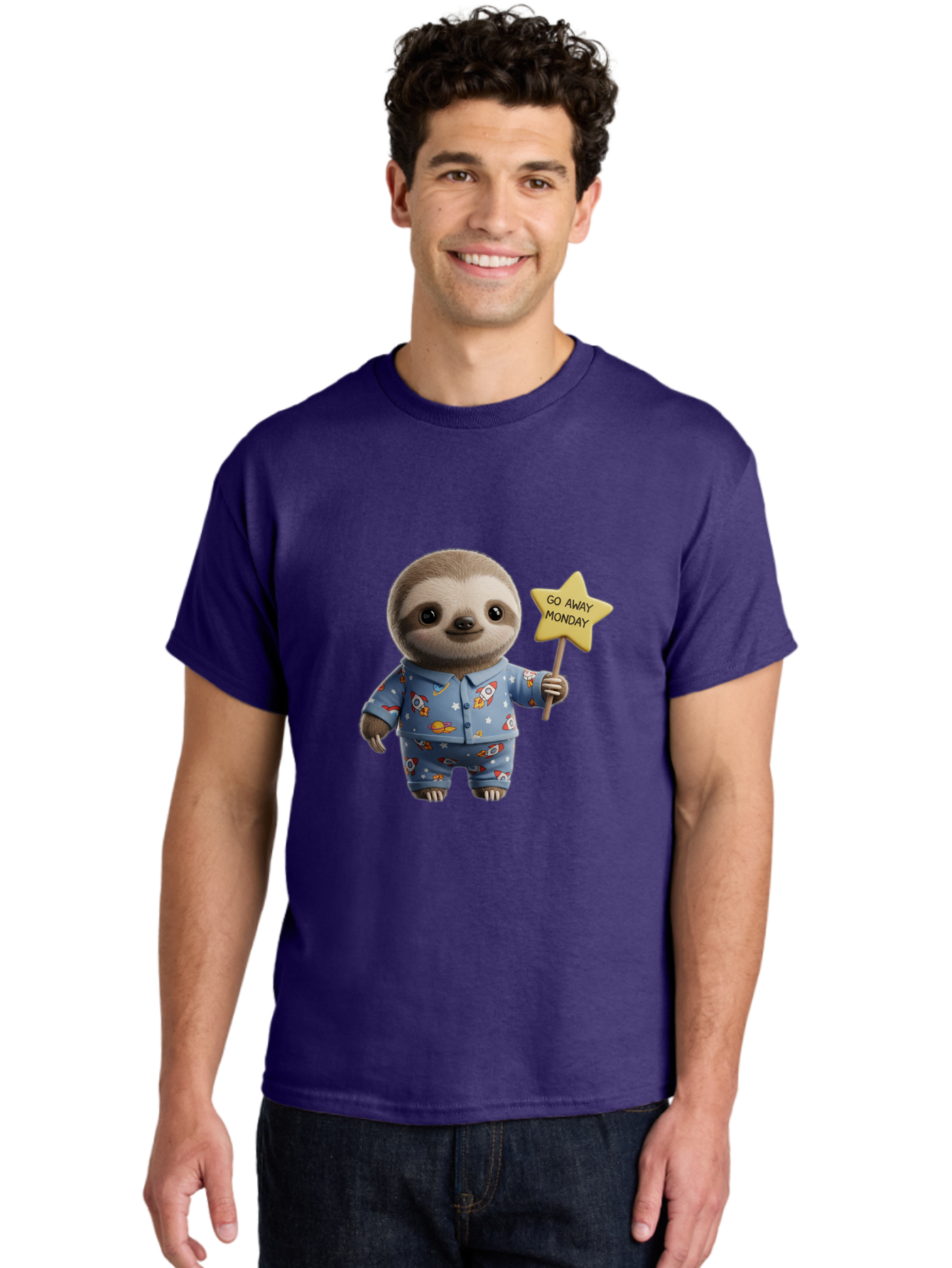 Go-Away-Monday-Sloth-3 Men'S Graphic Tee, 100% Cotton, Comfortable Casual Summer Wear, Machine Washable, Cute Sloth, Funny Sloth, Sloth In Pajamas, Space Themed, Cartoon Character, Go Away Monday Sign, Humorous Illustration, Quirky Design, Bae459