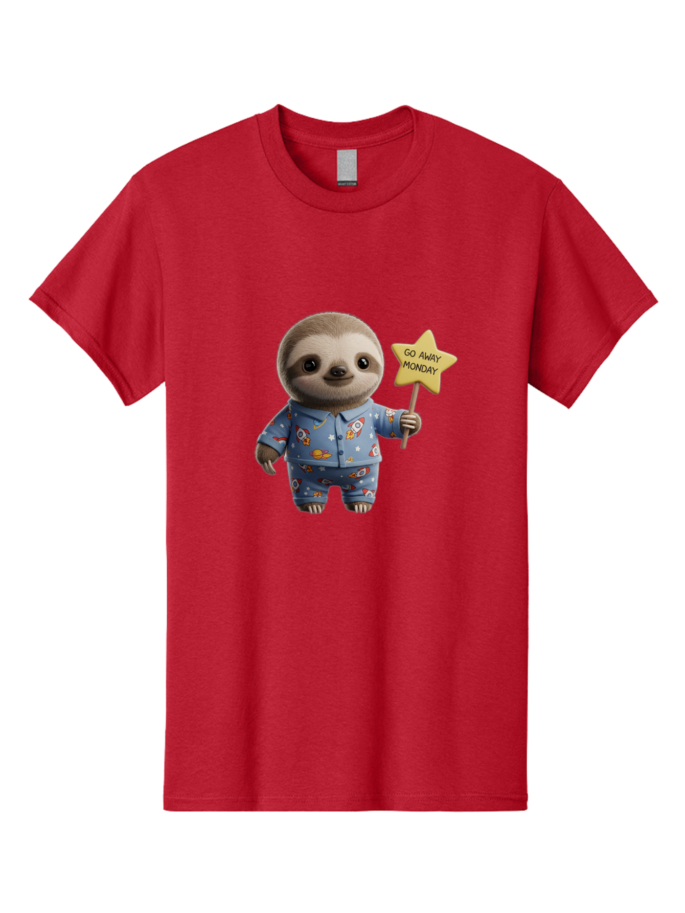 Go-Away-Monday-Sloth-3 Men'S Graphic Tee, 100% Cotton, Comfortable Casual Summer Wear, Machine Washable, Cute Sloth, Funny Sloth, Sloth In Pajamas, Space Themed, Cartoon Character, Go Away Monday Sign, Humorous Illustration, Quirky Design, Bae459