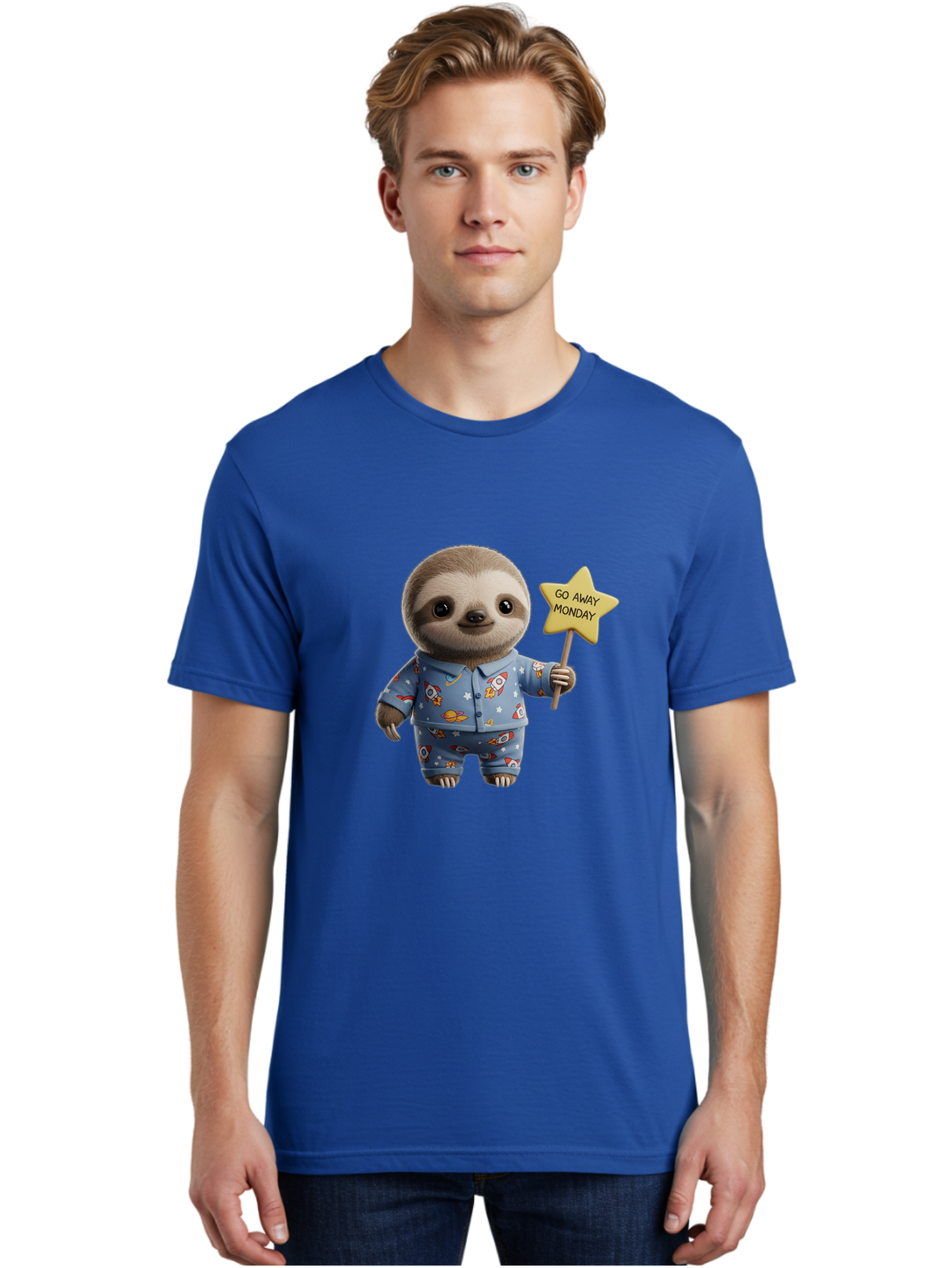 Go-Away-Monday-Sloth-3 Men'S Graphic Tee, 100% Cotton, Comfortable Casual Summer Wear, Machine Washable, Cute Sloth, Funny Sloth, Sloth In Pajamas, Space Themed, Cartoon Character, Go Away Monday Sign, Humorous Illustration, Quirky Design, Bae459