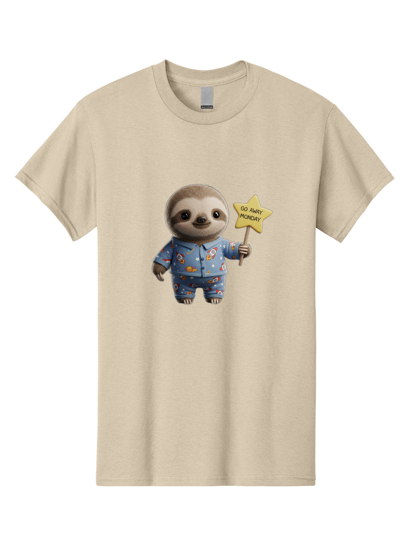 Go-Away-Monday-Sloth-3 Men'S Graphic Tee, 100% Cotton, Comfortable Casual Summer Wear, Machine Washable, Cute Sloth, Funny Sloth, Sloth In Pajamas, Space Themed, Cartoon Character, Go Away Monday Sign, Humorous Illustration, Quirky Design, Bae459