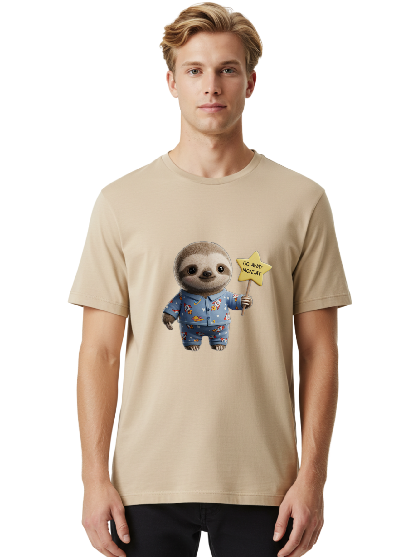Go-Away-Monday-Sloth-3 Men'S Graphic Tee, 100% Cotton, Comfortable Casual Summer Wear, Machine Washable, Cute Sloth, Funny Sloth, Sloth In Pajamas, Space Themed, Cartoon Character, Go Away Monday Sign, Humorous Illustration, Quirky Design, Bae459