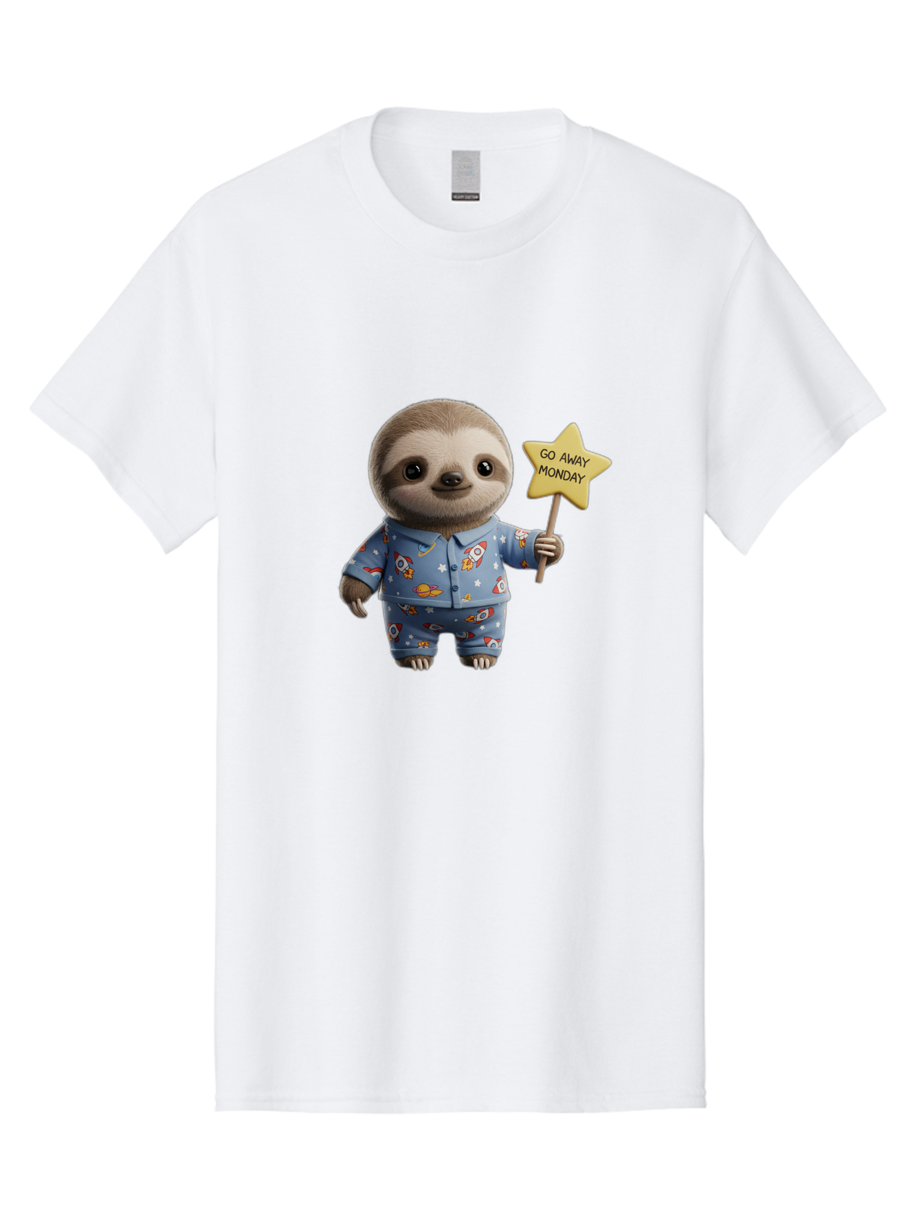 Go-Away-Monday-Sloth-3 Men'S Graphic Tee, 100% Cotton, Comfortable Casual Summer Wear, Machine Washable, Cute Sloth, Funny Sloth, Sloth In Pajamas, Space Themed, Cartoon Character, Go Away Monday Sign, Humorous Illustration, Quirky Design, Bae459