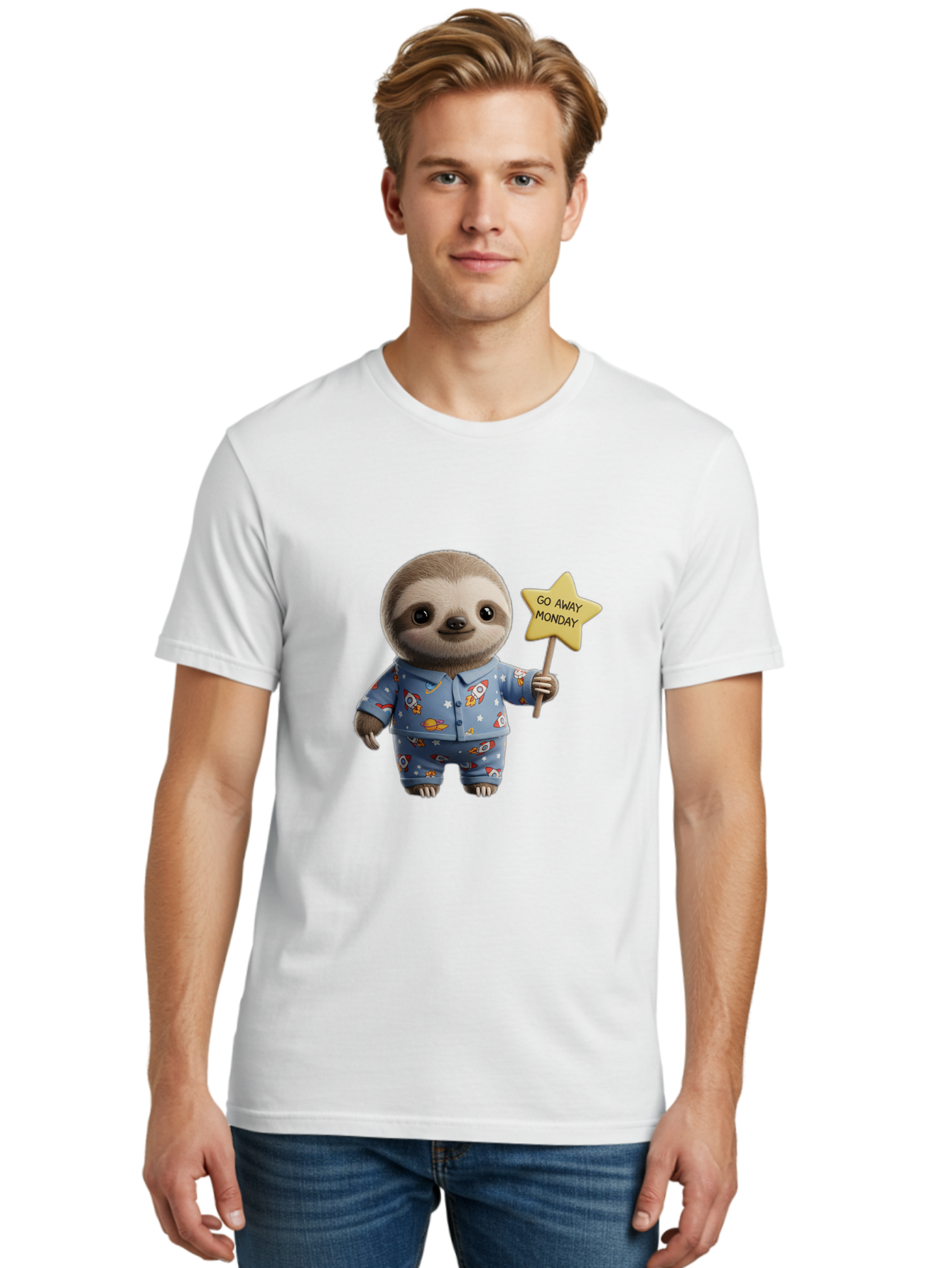 Go-Away-Monday-Sloth-3 Men'S Graphic Tee, 100% Cotton, Comfortable Casual Summer Wear, Machine Washable, Cute Sloth, Funny Sloth, Sloth In Pajamas, Space Themed, Cartoon Character, Go Away Monday Sign, Humorous Illustration, Quirky Design, Bae459