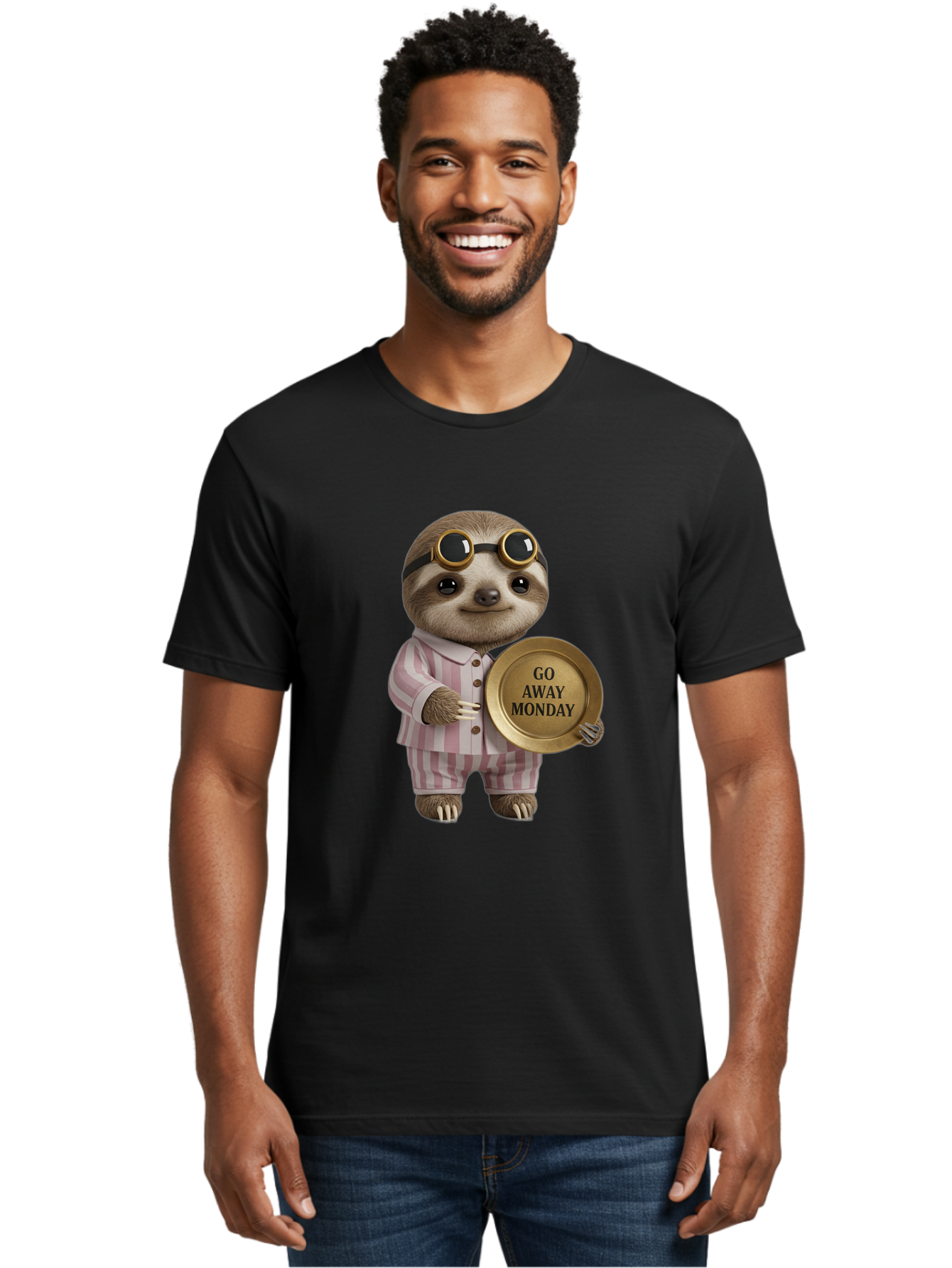 Go-Away-Monday-Sloth Men'S Graphic Tee, 100% Cotton, Comfortable Casual Summer Wear, Machine Washable, Sloth In Pajamas, Funny Meme, Humorous Animal, Relaxing Vibe, Lazy Monday, Humor, Quirky Character, Comical Animal, Funny Illustration Bae460