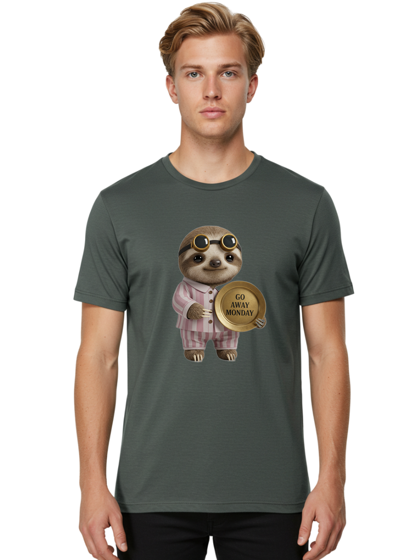 Go-Away-Monday-Sloth Men'S Graphic Tee, 100% Cotton, Comfortable Casual Summer Wear, Machine Washable, Sloth In Pajamas, Funny Meme, Humorous Animal, Relaxing Vibe, Lazy Monday, Humor, Quirky Character, Comical Animal, Funny Illustration Bae460