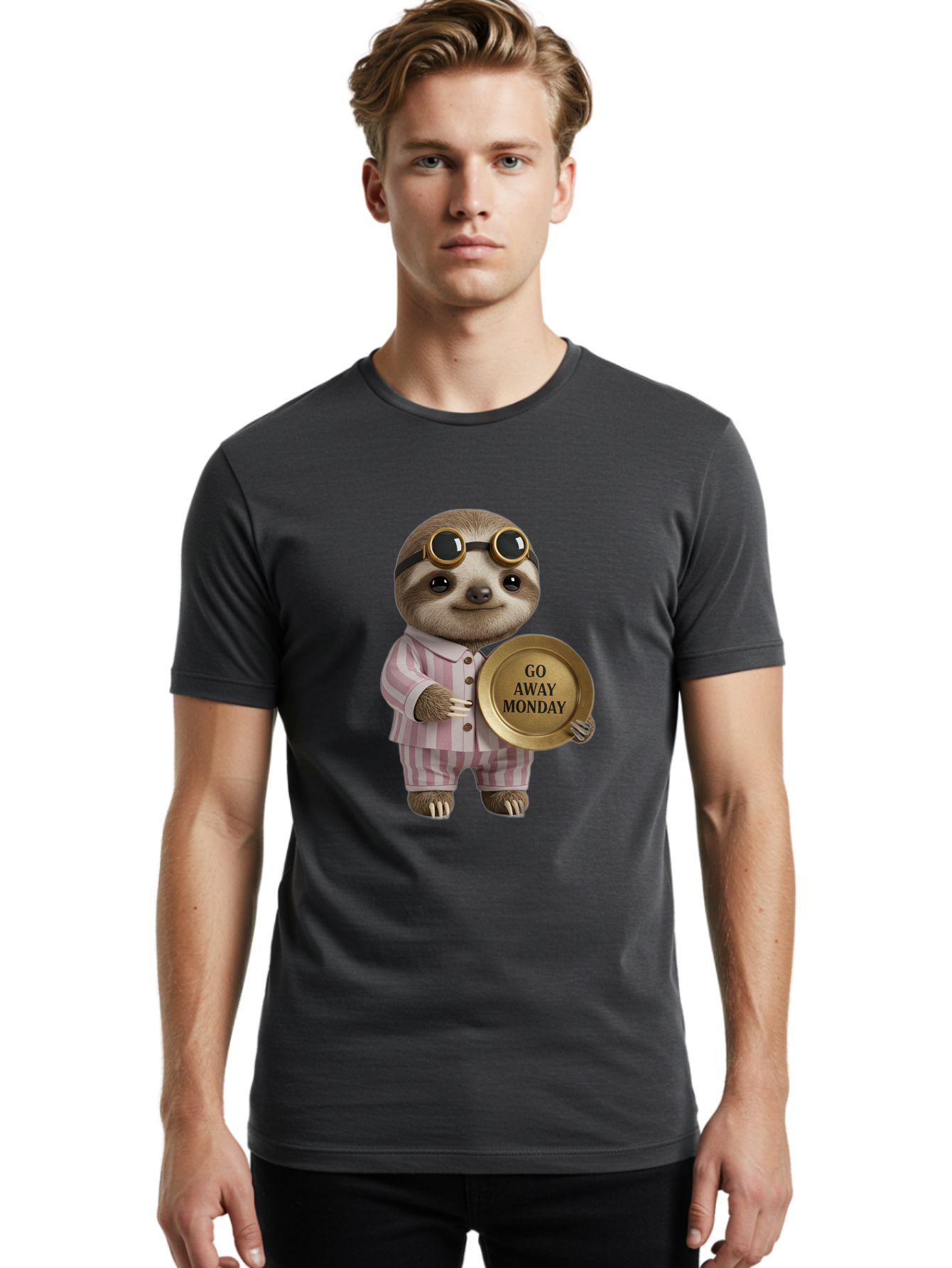 Go-Away-Monday-Sloth Men'S Graphic Tee, 100% Cotton, Comfortable Casual Summer Wear, Machine Washable, Sloth In Pajamas, Funny Meme, Humorous Animal, Relaxing Vibe, Lazy Monday, Humor, Quirky Character, Comical Animal, Funny Illustration Bae460