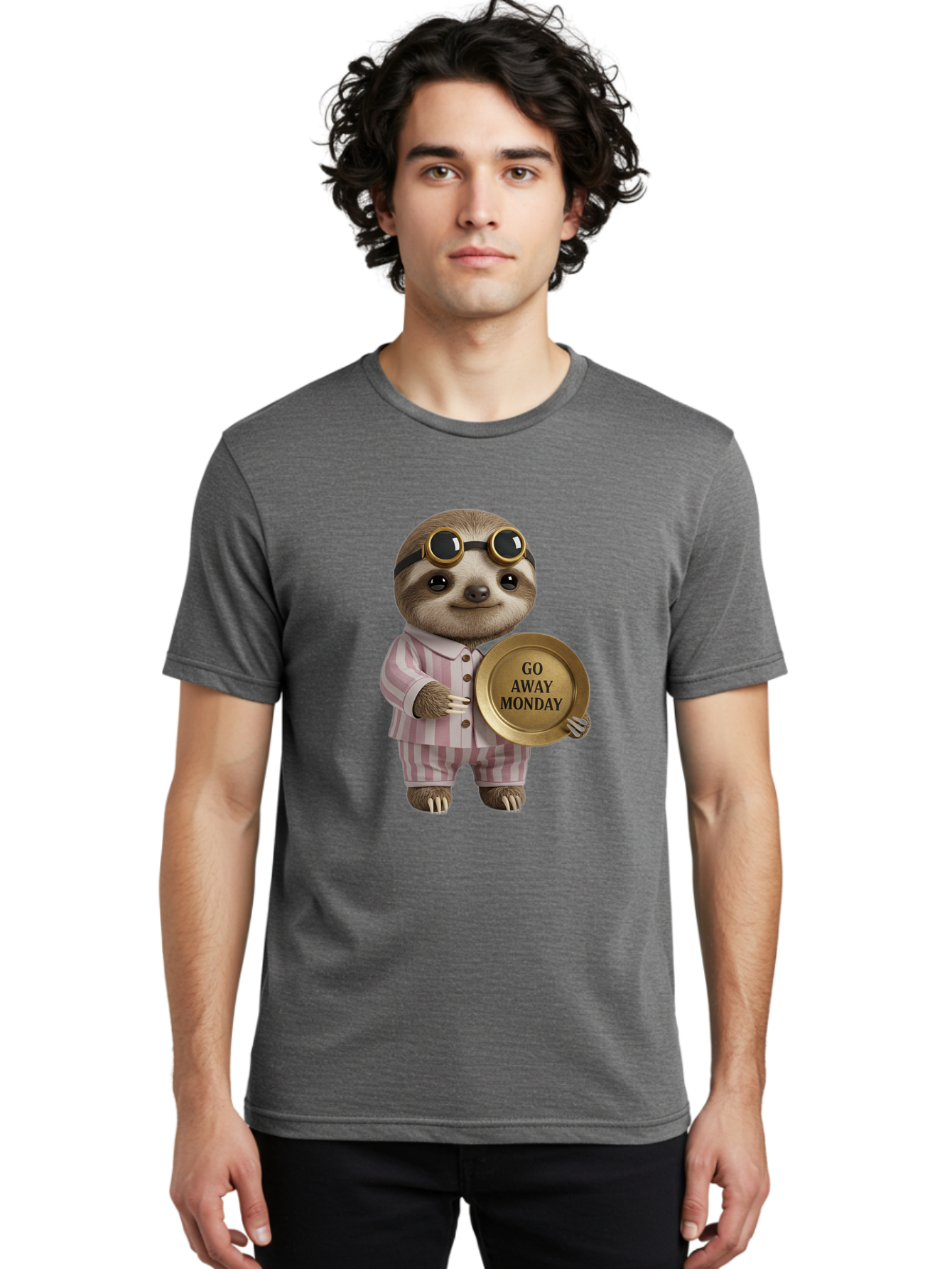 Go-Away-Monday-Sloth Men'S Graphic Tee, 100% Cotton, Comfortable Casual Summer Wear, Machine Washable, Sloth In Pajamas, Funny Meme, Humorous Animal, Relaxing Vibe, Lazy Monday, Humor, Quirky Character, Comical Animal, Funny Illustration Bae460