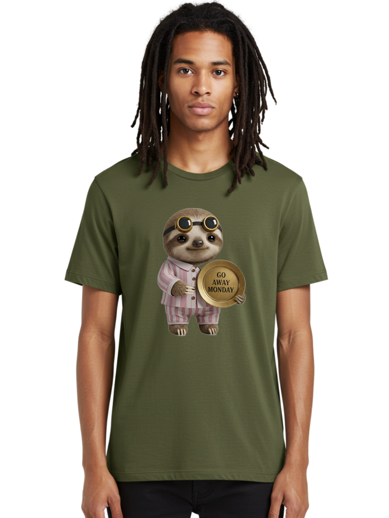 Go-Away-Monday-Sloth Men'S Graphic Tee, 100% Cotton, Comfortable Casual Summer Wear, Machine Washable, Sloth In Pajamas, Funny Meme, Humorous Animal, Relaxing Vibe, Lazy Monday, Humor, Quirky Character, Comical Animal, Funny Illustration Bae460