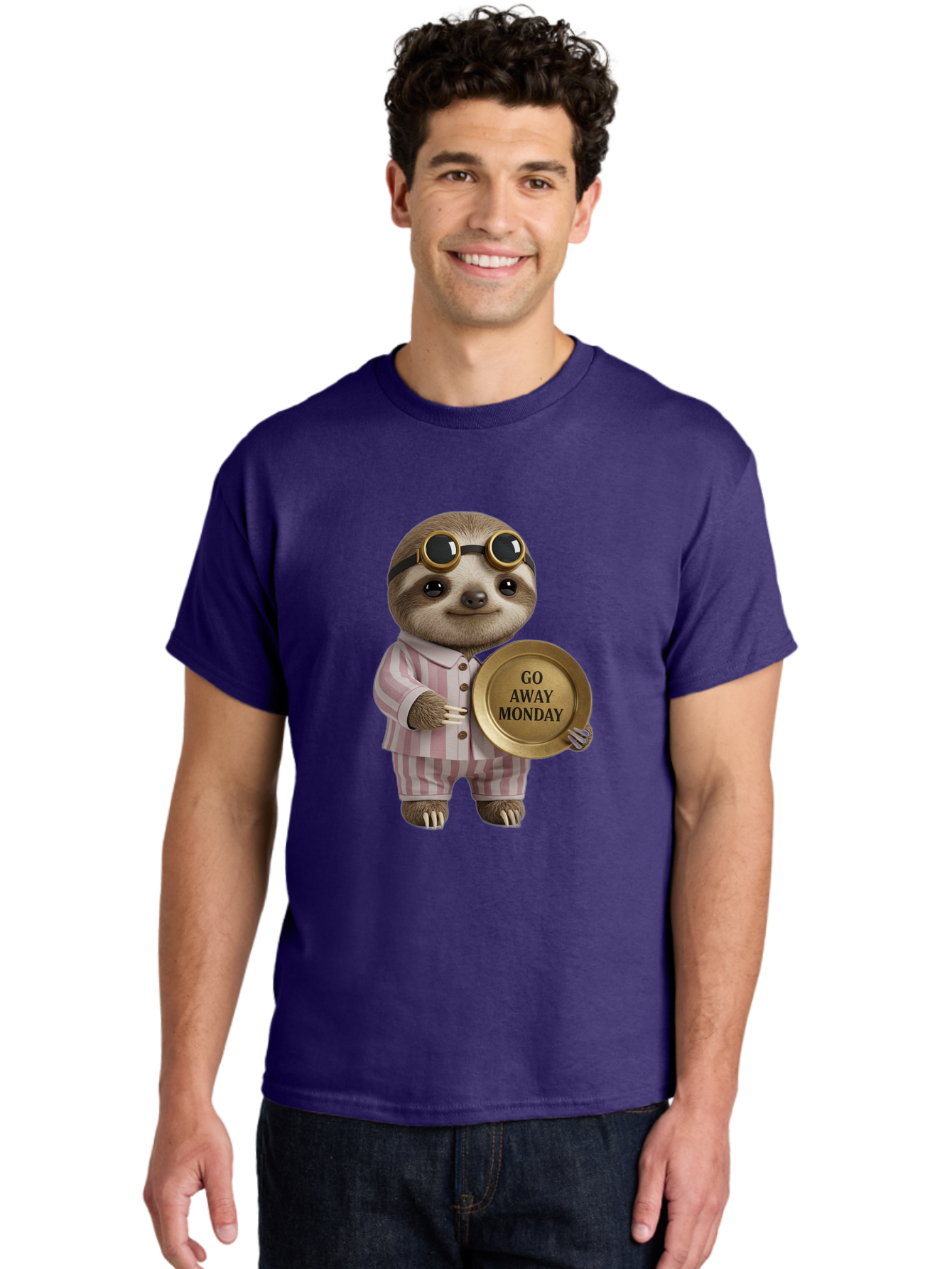 Go-Away-Monday-Sloth Men'S Graphic Tee, 100% Cotton, Comfortable Casual Summer Wear, Machine Washable, Sloth In Pajamas, Funny Meme, Humorous Animal, Relaxing Vibe, Lazy Monday, Humor, Quirky Character, Comical Animal, Funny Illustration Bae460