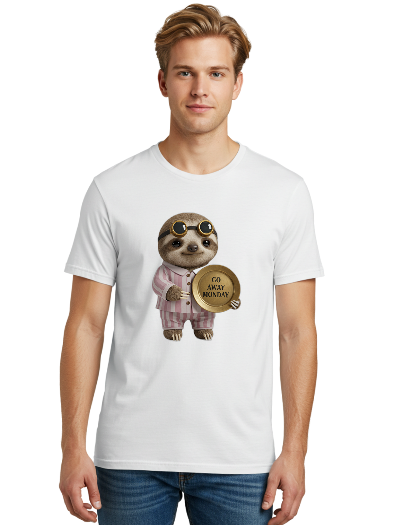 Go-Away-Monday-Sloth Men'S Graphic Tee, 100% Cotton, Comfortable Casual Summer Wear, Machine Washable, Sloth In Pajamas, Funny Meme, Humorous Animal, Relaxing Vibe, Lazy Monday, Humor, Quirky Character, Comical Animal, Funny Illustration Bae460