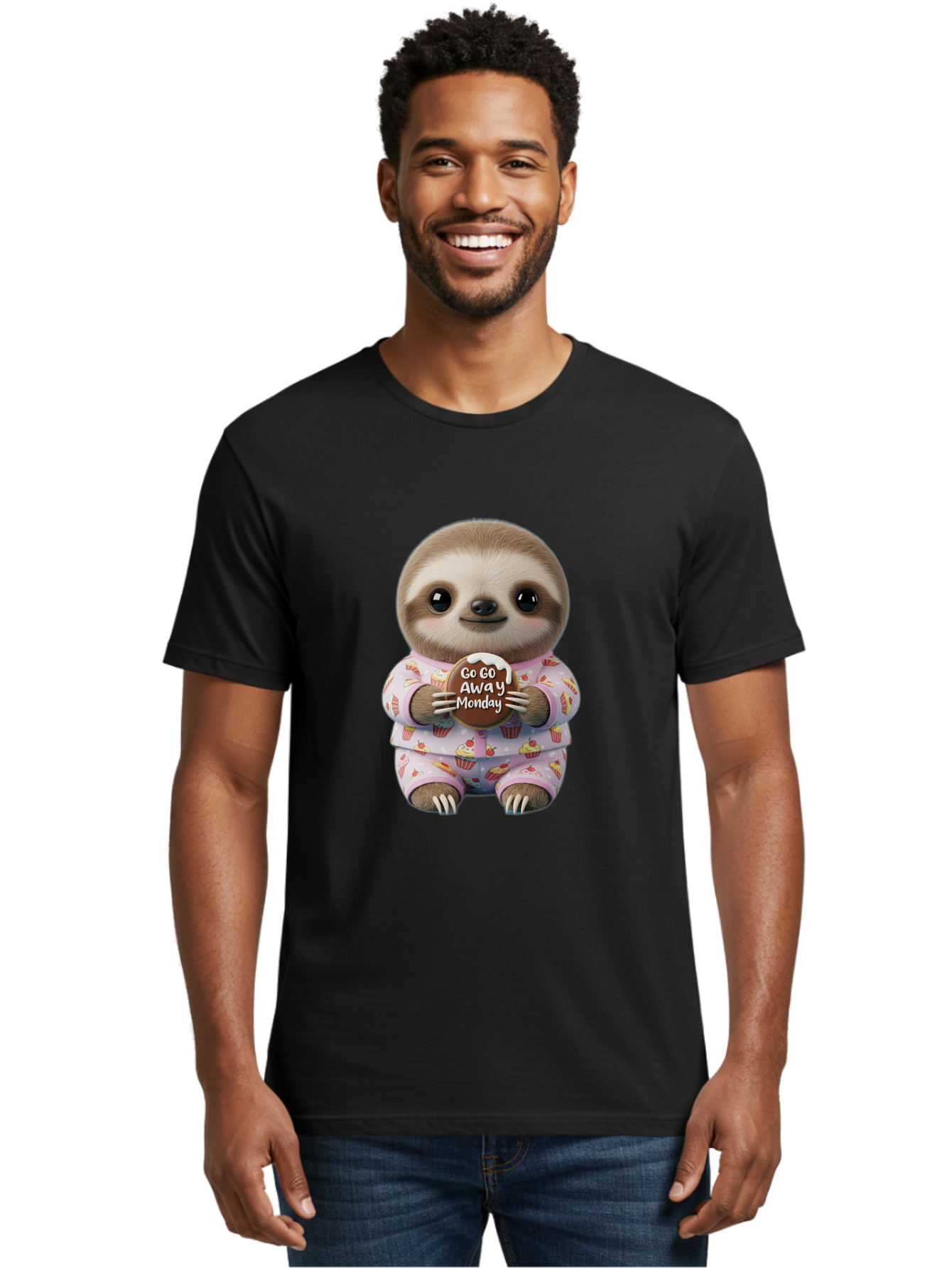 Go-Go-Away-Monday-Sloth Men'S Graphic Tee, 100% Cotton, Comfortable Casual Summer Wear, Machine Washable, Cute Sloth, Funny Sloth, Sloth In Pajamas, Cupcake Patterned, Holding Chocolate, Go Away Monday, Monday Blues, Humorous Illustration Bae461