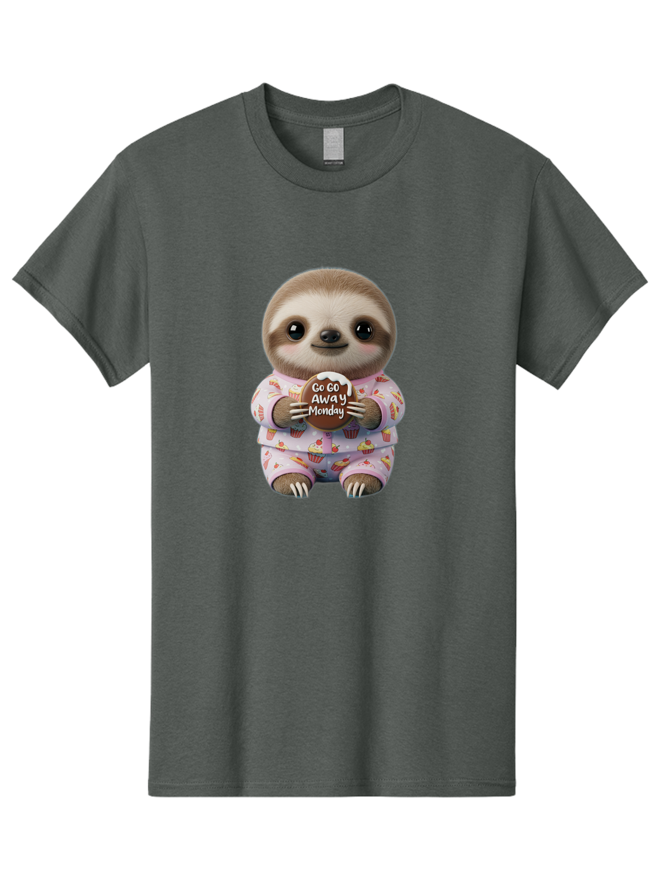 Go-Go-Away-Monday-Sloth Men'S Graphic Tee, 100% Cotton, Comfortable Casual Summer Wear, Machine Washable, Cute Sloth, Funny Sloth, Sloth In Pajamas, Cupcake Patterned, Holding Chocolate, Go Away Monday, Monday Blues, Humorous Illustration Bae461