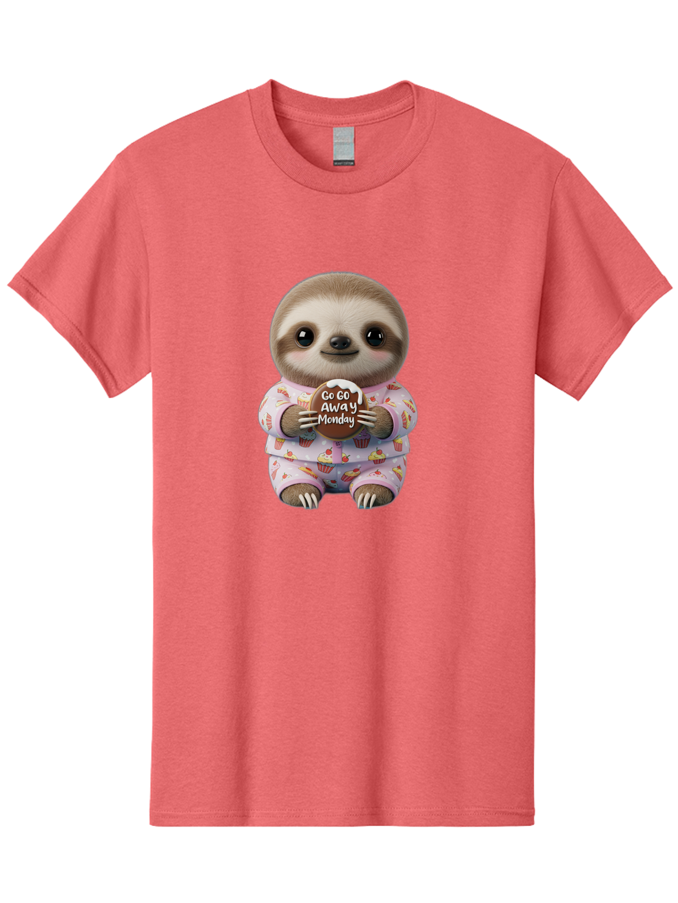 Go-Go-Away-Monday-Sloth Men'S Graphic Tee, 100% Cotton, Comfortable Casual Summer Wear, Machine Washable, Cute Sloth, Funny Sloth, Sloth In Pajamas, Cupcake Patterned, Holding Chocolate, Go Away Monday, Monday Blues, Humorous Illustration Bae461
