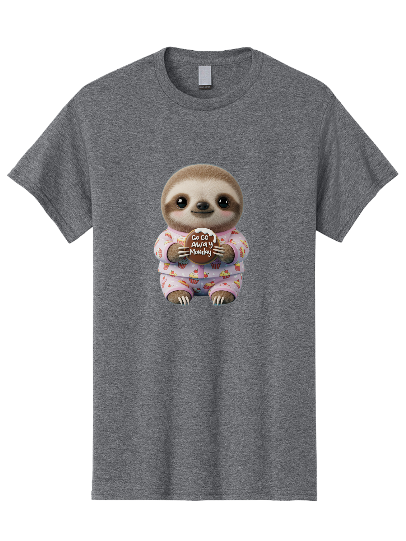 Go-Go-Away-Monday-Sloth Men'S Graphic Tee, 100% Cotton, Comfortable Casual Summer Wear, Machine Washable, Cute Sloth, Funny Sloth, Sloth In Pajamas, Cupcake Patterned, Holding Chocolate, Go Away Monday, Monday Blues, Humorous Illustration Bae461