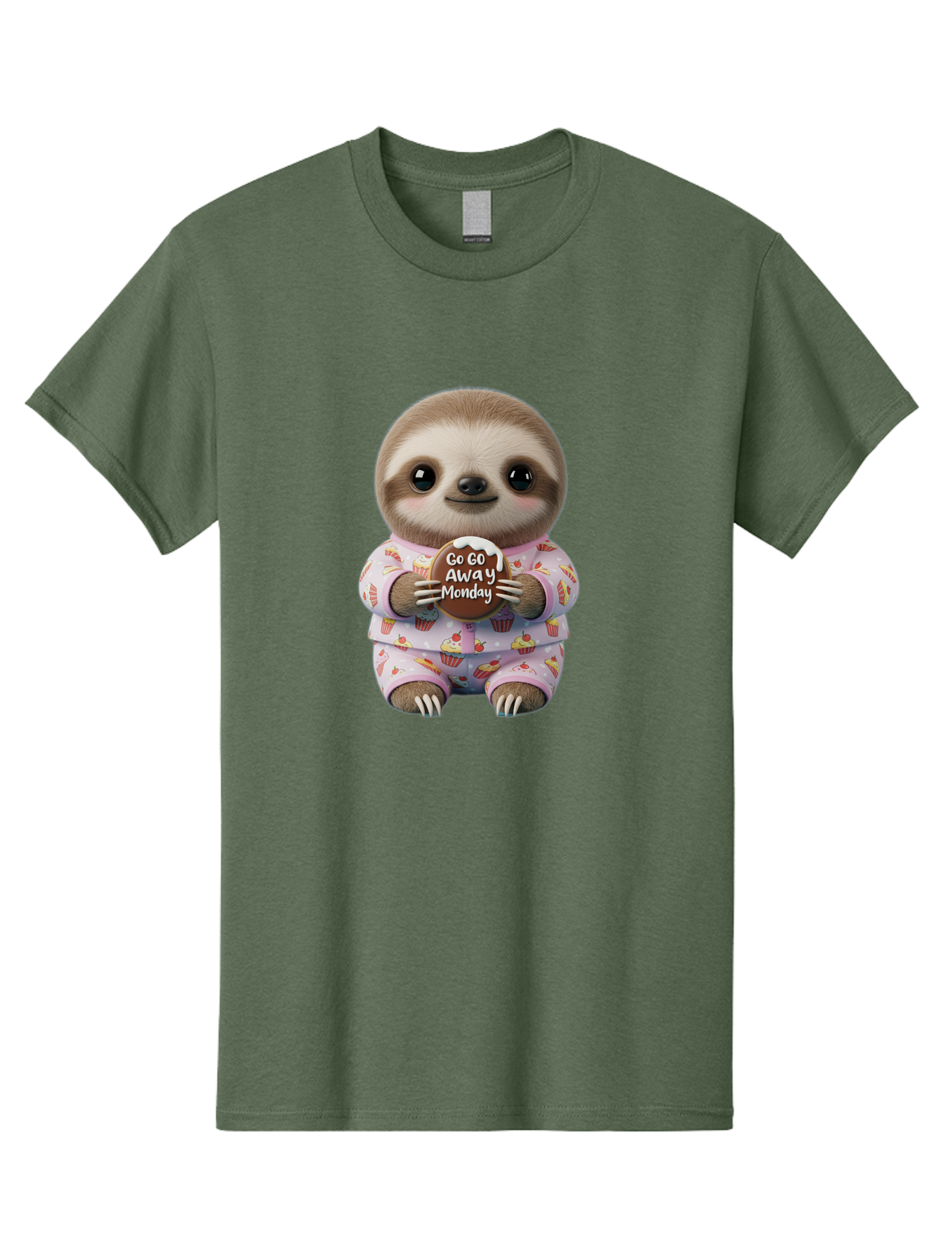 Go-Go-Away-Monday-Sloth Men'S Graphic Tee, 100% Cotton, Comfortable Casual Summer Wear, Machine Washable, Cute Sloth, Funny Sloth, Sloth In Pajamas, Cupcake Patterned, Holding Chocolate, Go Away Monday, Monday Blues, Humorous Illustration Bae461