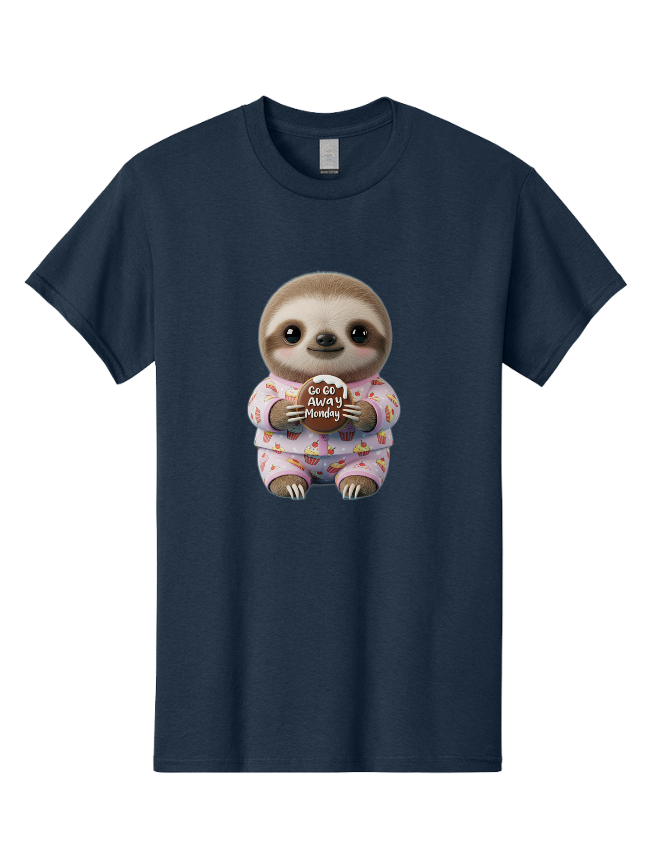 Go-Go-Away-Monday-Sloth Men'S Graphic Tee, 100% Cotton, Comfortable Casual Summer Wear, Machine Washable, Cute Sloth, Funny Sloth, Sloth In Pajamas, Cupcake Patterned, Holding Chocolate, Go Away Monday, Monday Blues, Humorous Illustration Bae461
