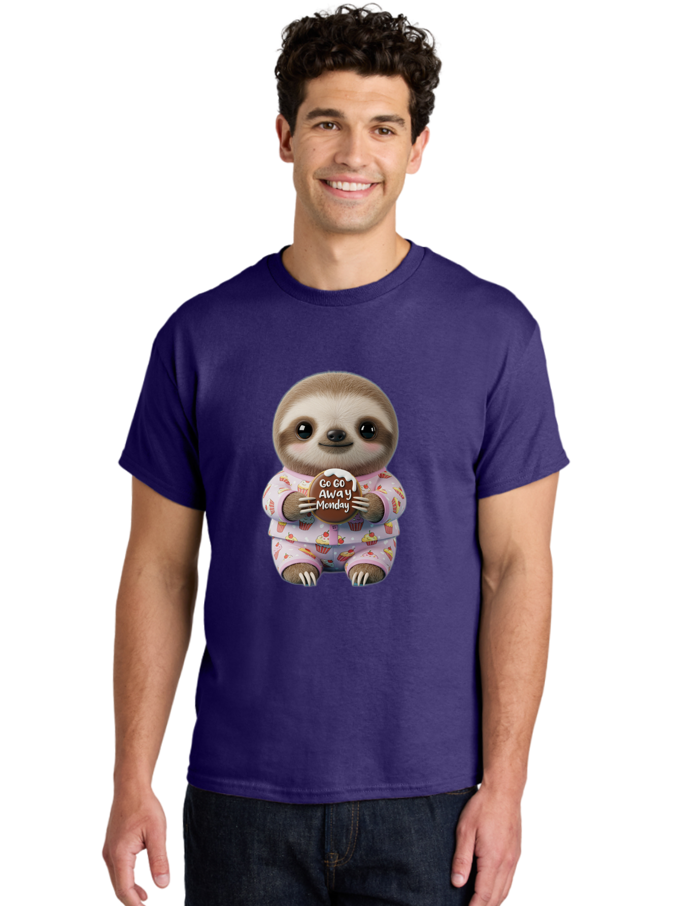 Go-Go-Away-Monday-Sloth Men'S Graphic Tee, 100% Cotton, Comfortable Casual Summer Wear, Machine Washable, Cute Sloth, Funny Sloth, Sloth In Pajamas, Cupcake Patterned, Holding Chocolate, Go Away Monday, Monday Blues, Humorous Illustration Bae461