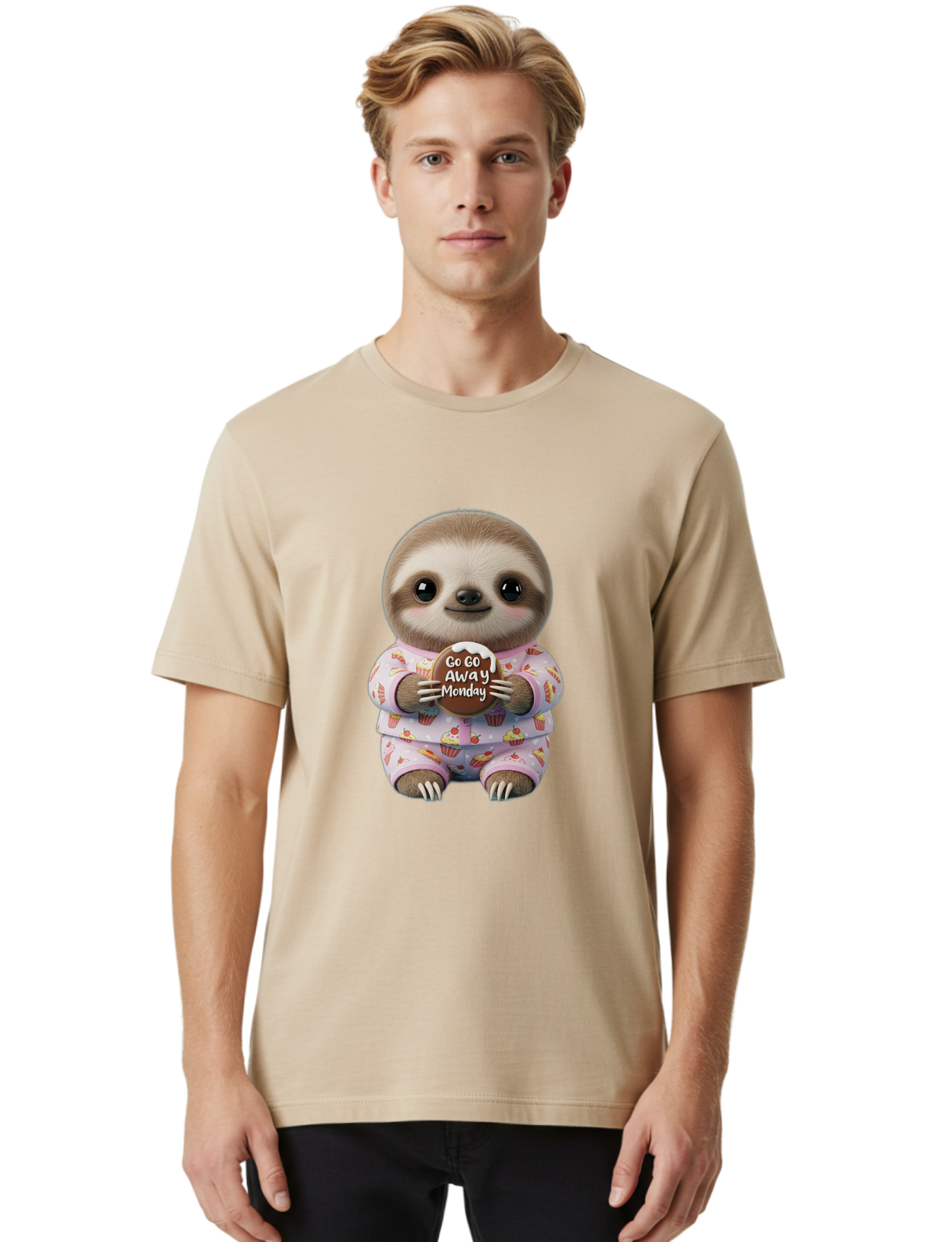 Go-Go-Away-Monday-Sloth Men'S Graphic Tee, 100% Cotton, Comfortable Casual Summer Wear, Machine Washable, Cute Sloth, Funny Sloth, Sloth In Pajamas, Cupcake Patterned, Holding Chocolate, Go Away Monday, Monday Blues, Humorous Illustration Bae461