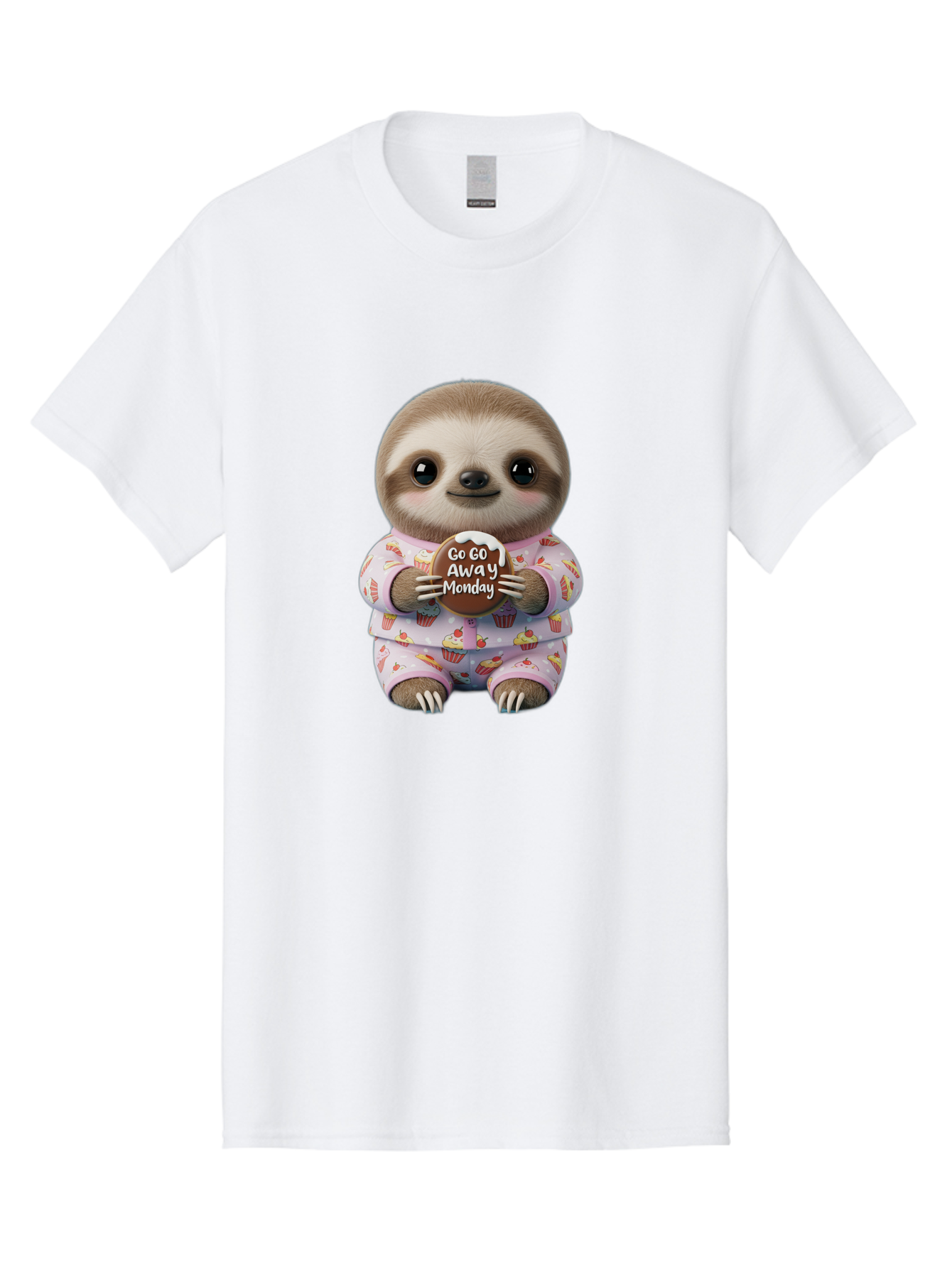 Go-Go-Away-Monday-Sloth Men'S Graphic Tee, 100% Cotton, Comfortable Casual Summer Wear, Machine Washable, Cute Sloth, Funny Sloth, Sloth In Pajamas, Cupcake Patterned, Holding Chocolate, Go Away Monday, Monday Blues, Humorous Illustration Bae461