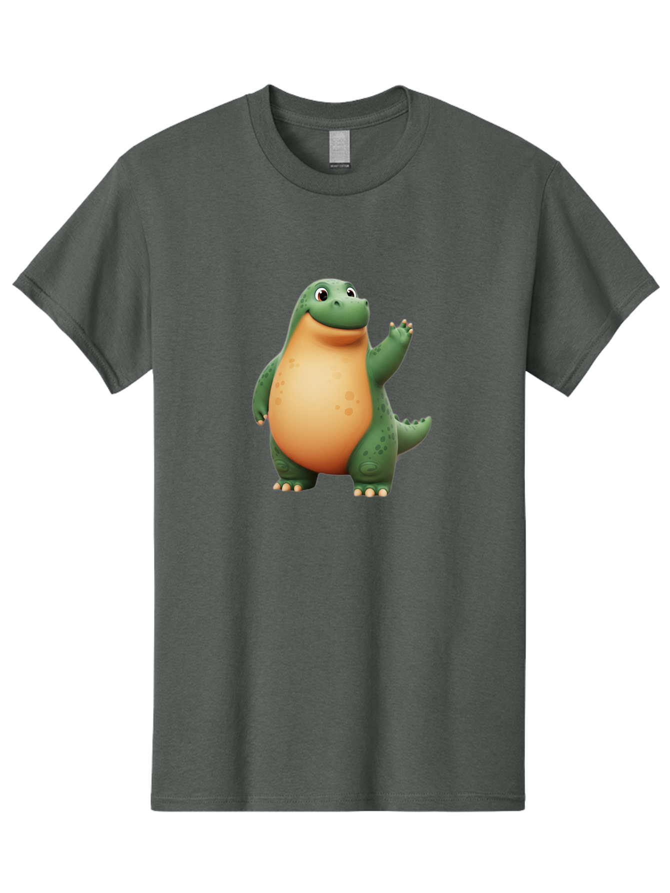 Green-Dinosaur Men'S Graphic Tee, 100% Cotton, Comfortable Casual Summer Wear, Machine Washable, Cartoon T-Rex, Smiling Dinosaur, Green And Orange Creature, Cute Prehistoric Animal, Friendly Monster, Dinosaur Waving, Dinosaur With Big Belly Bae463