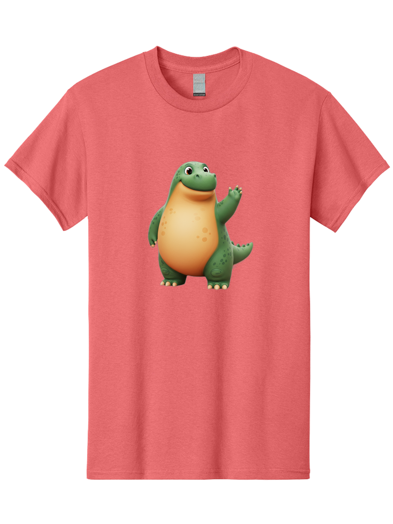 Green-Dinosaur Men'S Graphic Tee, 100% Cotton, Comfortable Casual Summer Wear, Machine Washable, Cartoon T-Rex, Smiling Dinosaur, Green And Orange Creature, Cute Prehistoric Animal, Friendly Monster, Dinosaur Waving, Dinosaur With Big Belly Bae463