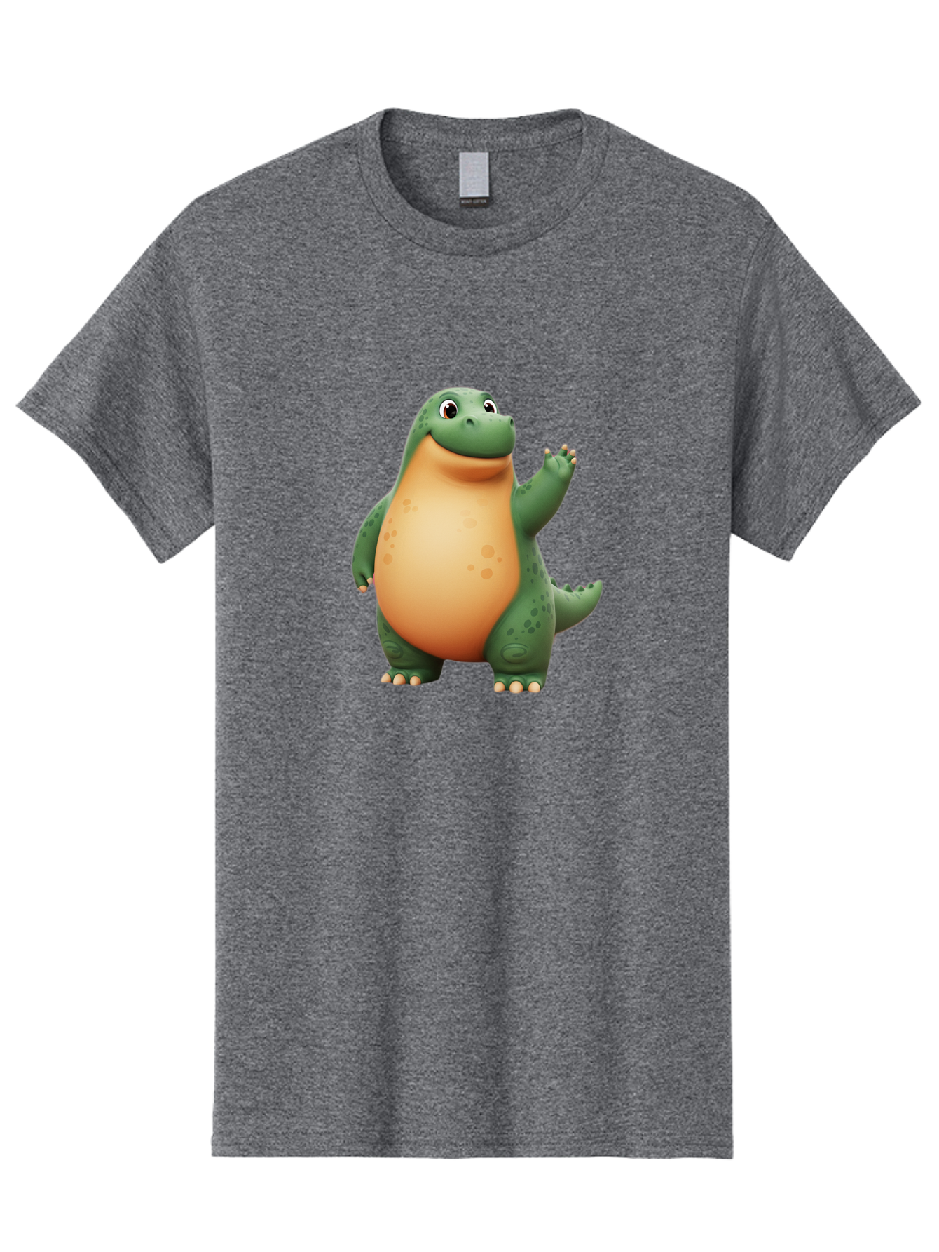 Green-Dinosaur Men'S Graphic Tee, 100% Cotton, Comfortable Casual Summer Wear, Machine Washable, Cartoon T-Rex, Smiling Dinosaur, Green And Orange Creature, Cute Prehistoric Animal, Friendly Monster, Dinosaur Waving, Dinosaur With Big Belly Bae463