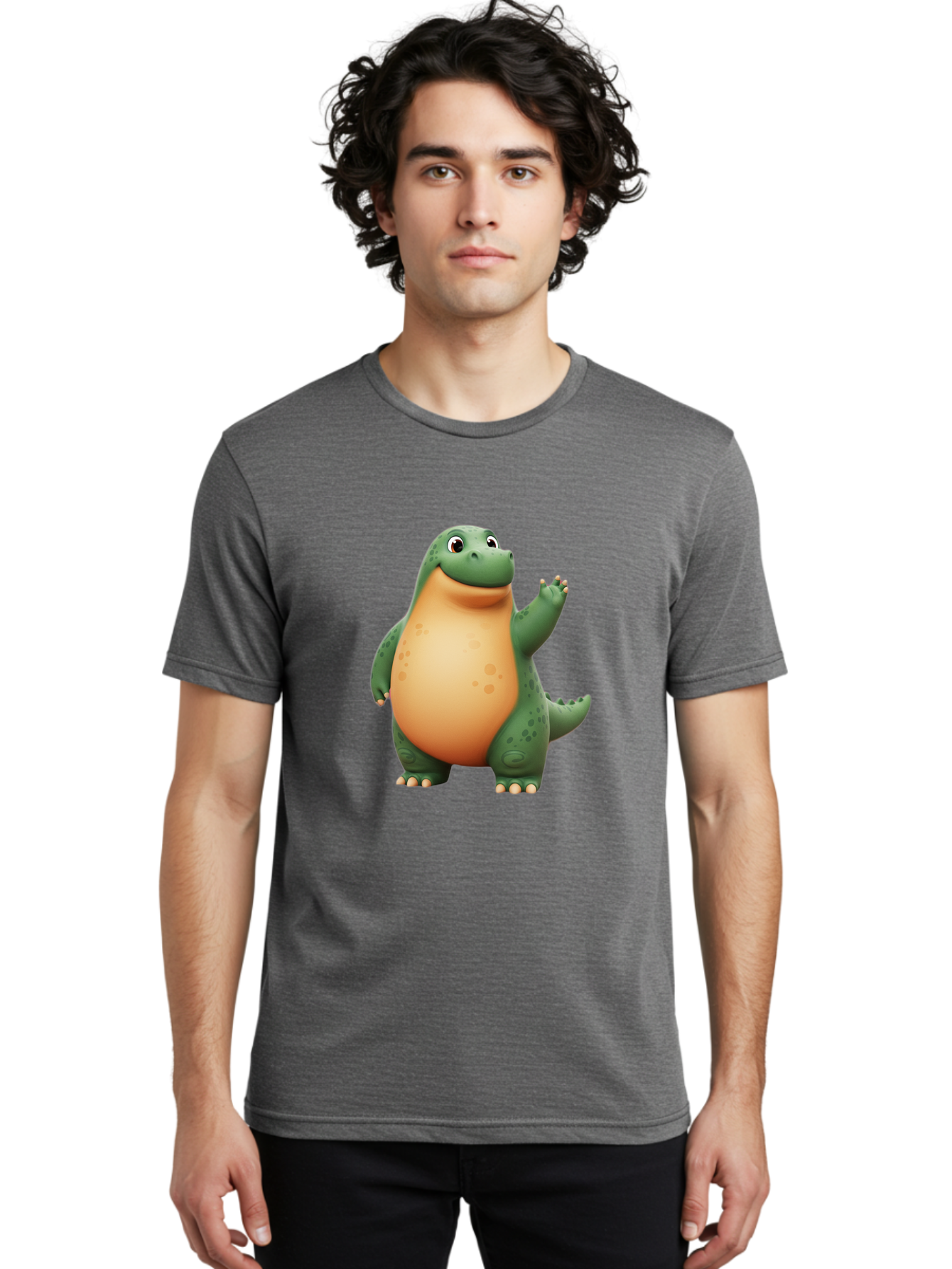 Green-Dinosaur Men'S Graphic Tee, 100% Cotton, Comfortable Casual Summer Wear, Machine Washable, Cartoon T-Rex, Smiling Dinosaur, Green And Orange Creature, Cute Prehistoric Animal, Friendly Monster, Dinosaur Waving, Dinosaur With Big Belly Bae463