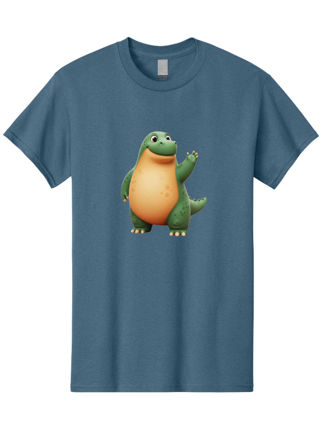 Green-Dinosaur Men'S Graphic Tee, 100% Cotton, Comfortable Casual Summer Wear, Machine Washable, Cartoon T-Rex, Smiling Dinosaur, Green And Orange Creature, Cute Prehistoric Animal, Friendly Monster, Dinosaur Waving, Dinosaur With Big Belly Bae463