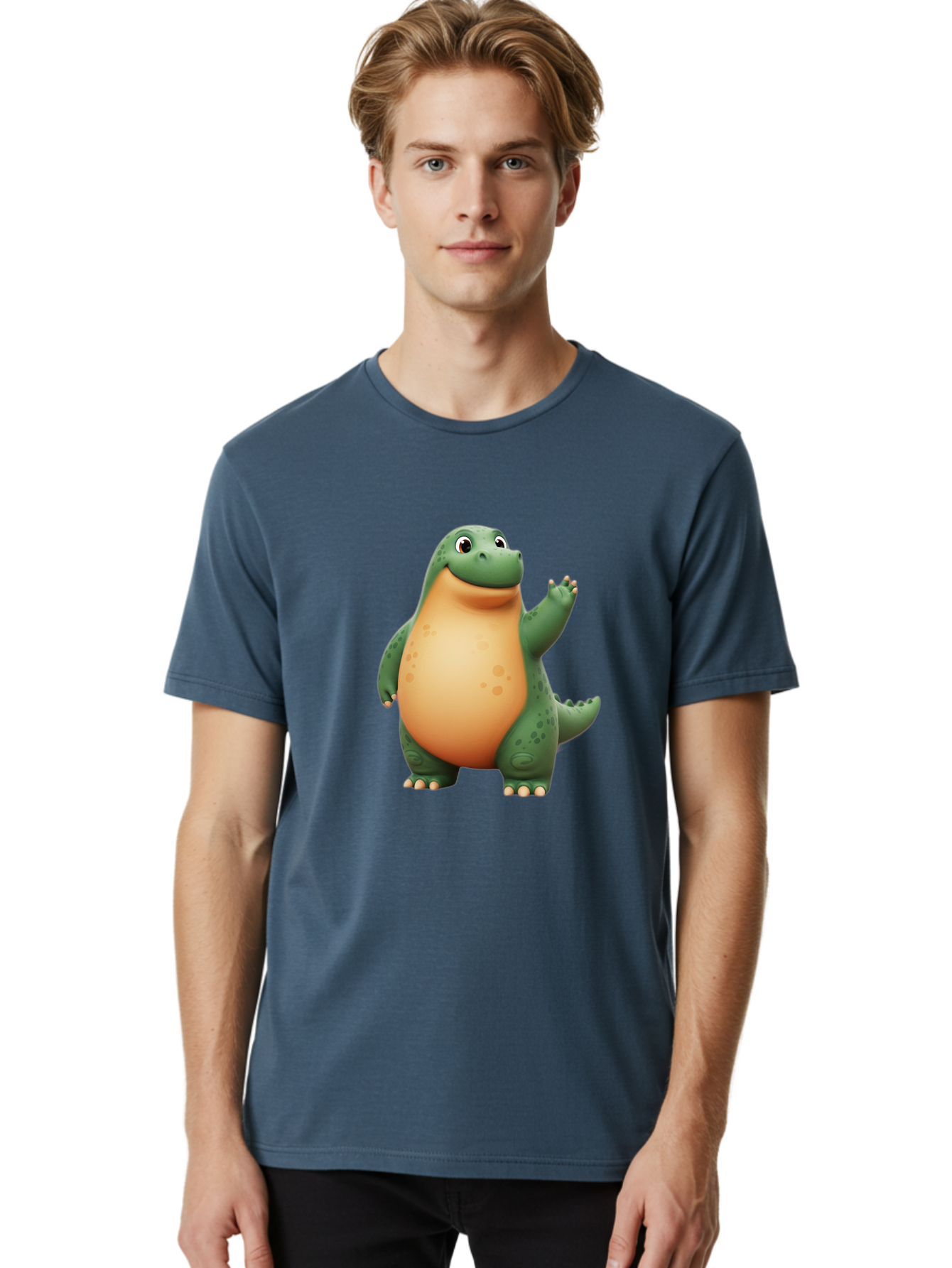Green-Dinosaur Men'S Graphic Tee, 100% Cotton, Comfortable Casual Summer Wear, Machine Washable, Cartoon T-Rex, Smiling Dinosaur, Green And Orange Creature, Cute Prehistoric Animal, Friendly Monster, Dinosaur Waving, Dinosaur With Big Belly Bae463