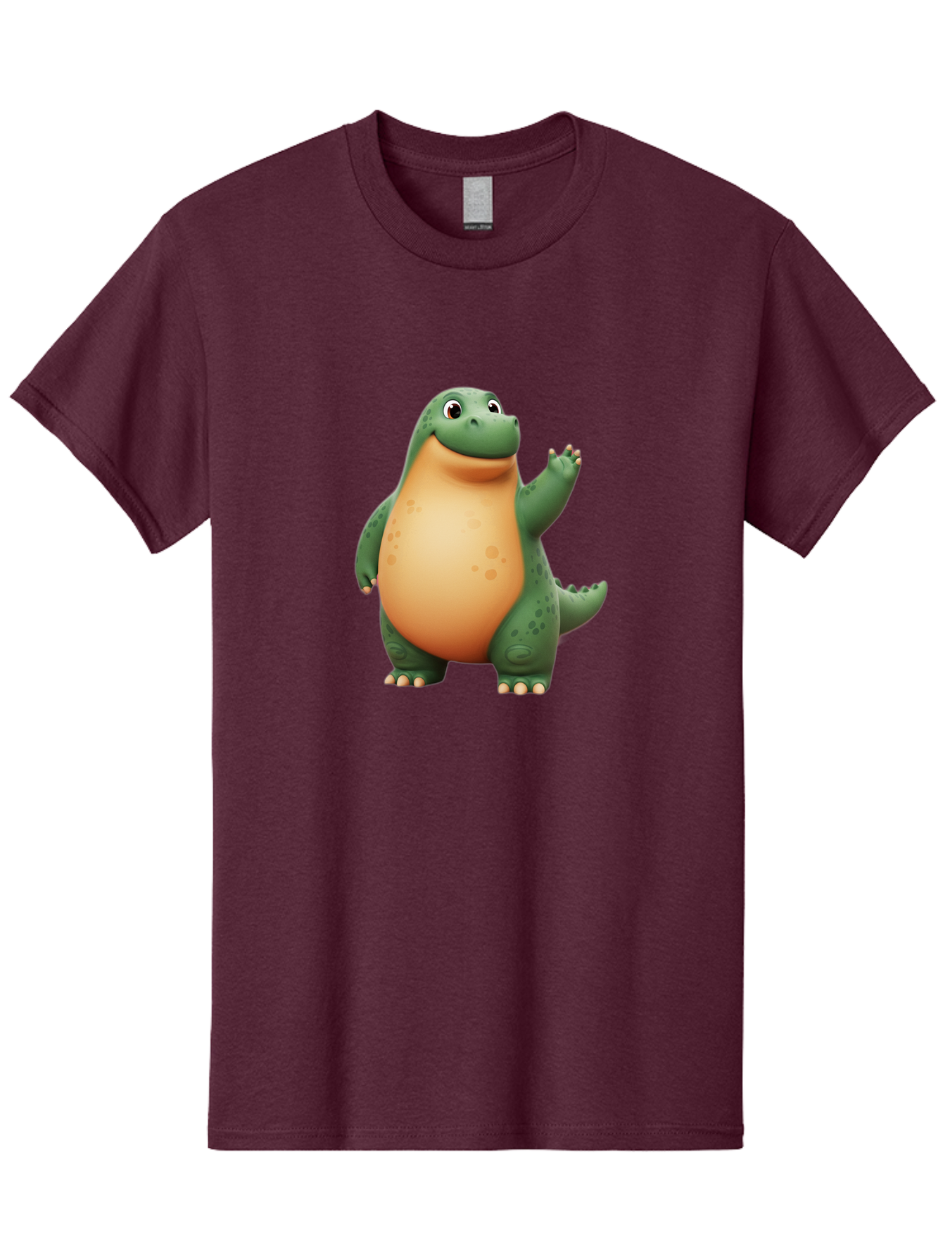 Green-Dinosaur Men'S Graphic Tee, 100% Cotton, Comfortable Casual Summer Wear, Machine Washable, Cartoon T-Rex, Smiling Dinosaur, Green And Orange Creature, Cute Prehistoric Animal, Friendly Monster, Dinosaur Waving, Dinosaur With Big Belly Bae463
