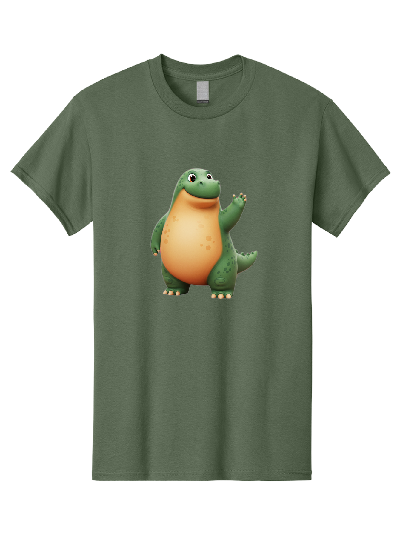 Green-Dinosaur Men'S Graphic Tee, 100% Cotton, Comfortable Casual Summer Wear, Machine Washable, Cartoon T-Rex, Smiling Dinosaur, Green And Orange Creature, Cute Prehistoric Animal, Friendly Monster, Dinosaur Waving, Dinosaur With Big Belly Bae463