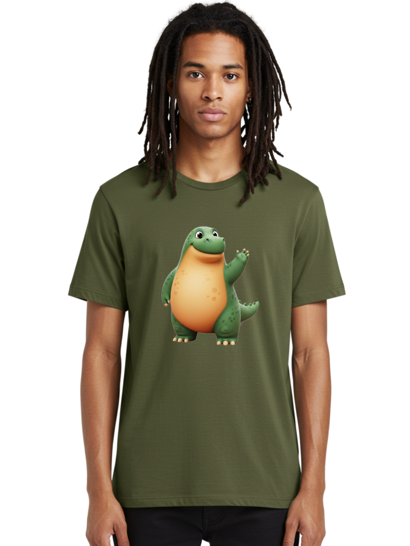 Green-Dinosaur Men'S Graphic Tee, 100% Cotton, Comfortable Casual Summer Wear, Machine Washable, Cartoon T-Rex, Smiling Dinosaur, Green And Orange Creature, Cute Prehistoric Animal, Friendly Monster, Dinosaur Waving, Dinosaur With Big Belly Bae463