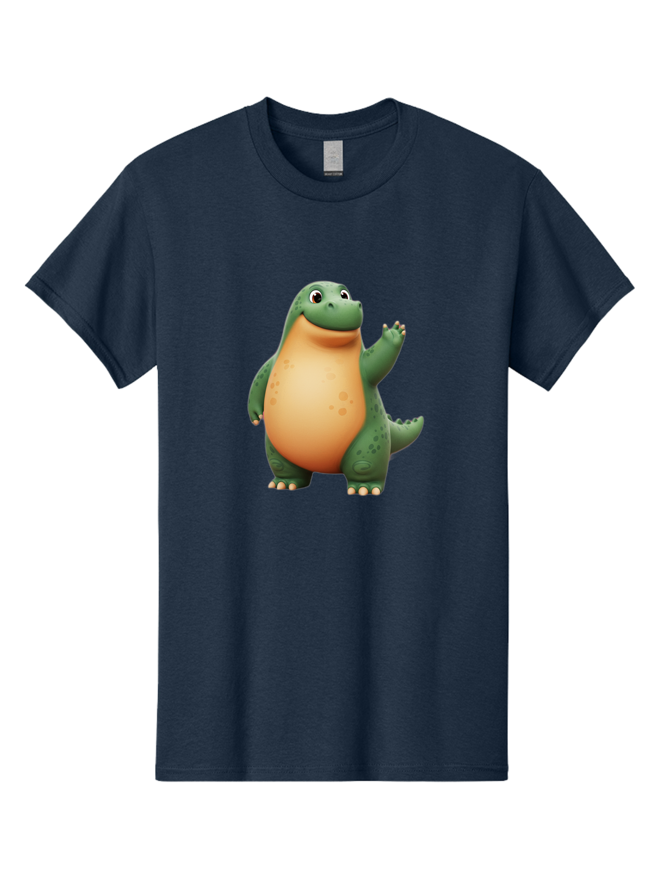 Green-Dinosaur Men'S Graphic Tee, 100% Cotton, Comfortable Casual Summer Wear, Machine Washable, Cartoon T-Rex, Smiling Dinosaur, Green And Orange Creature, Cute Prehistoric Animal, Friendly Monster, Dinosaur Waving, Dinosaur With Big Belly Bae463