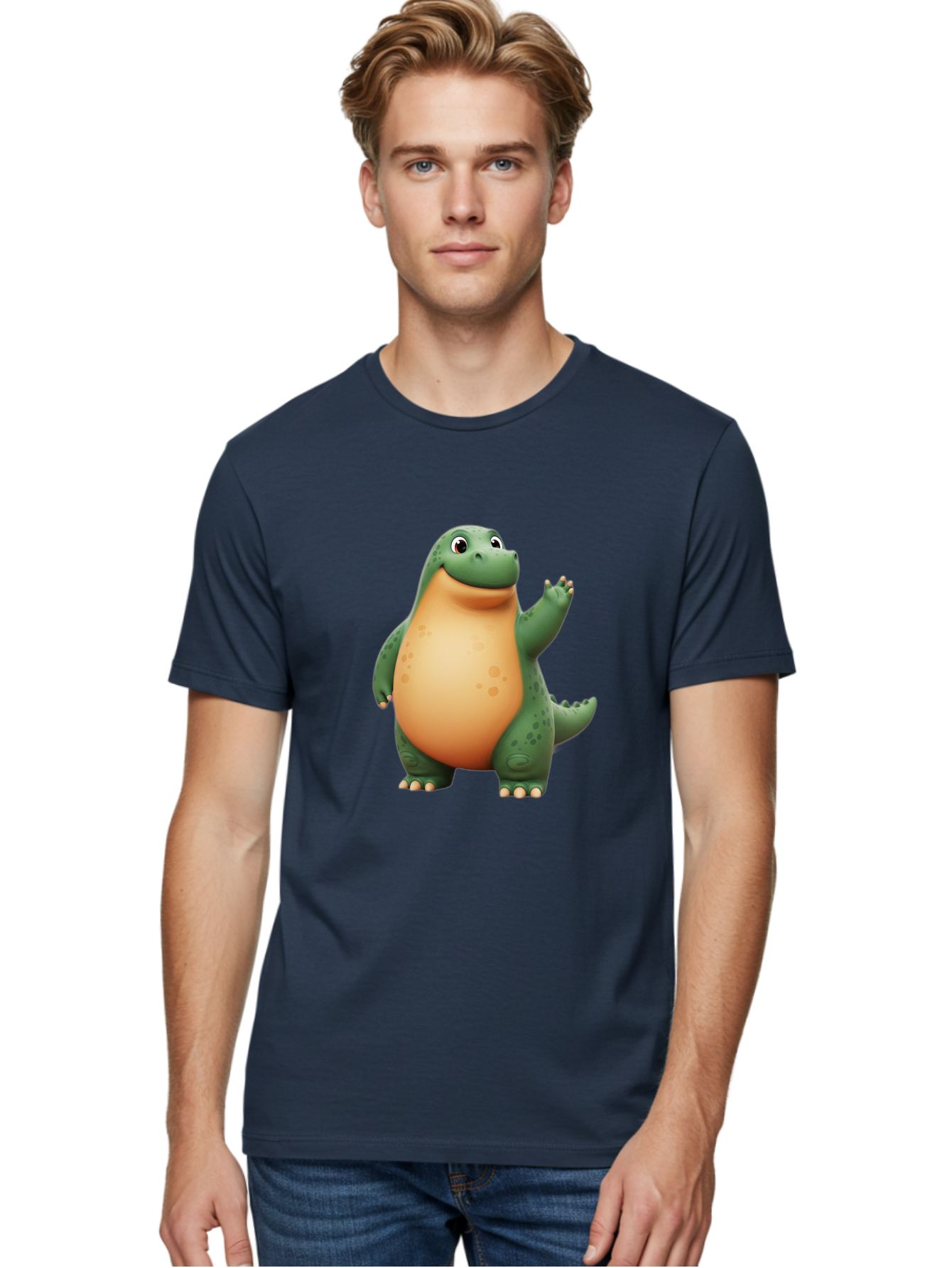 Green-Dinosaur Men'S Graphic Tee, 100% Cotton, Comfortable Casual Summer Wear, Machine Washable, Cartoon T-Rex, Smiling Dinosaur, Green And Orange Creature, Cute Prehistoric Animal, Friendly Monster, Dinosaur Waving, Dinosaur With Big Belly Bae463