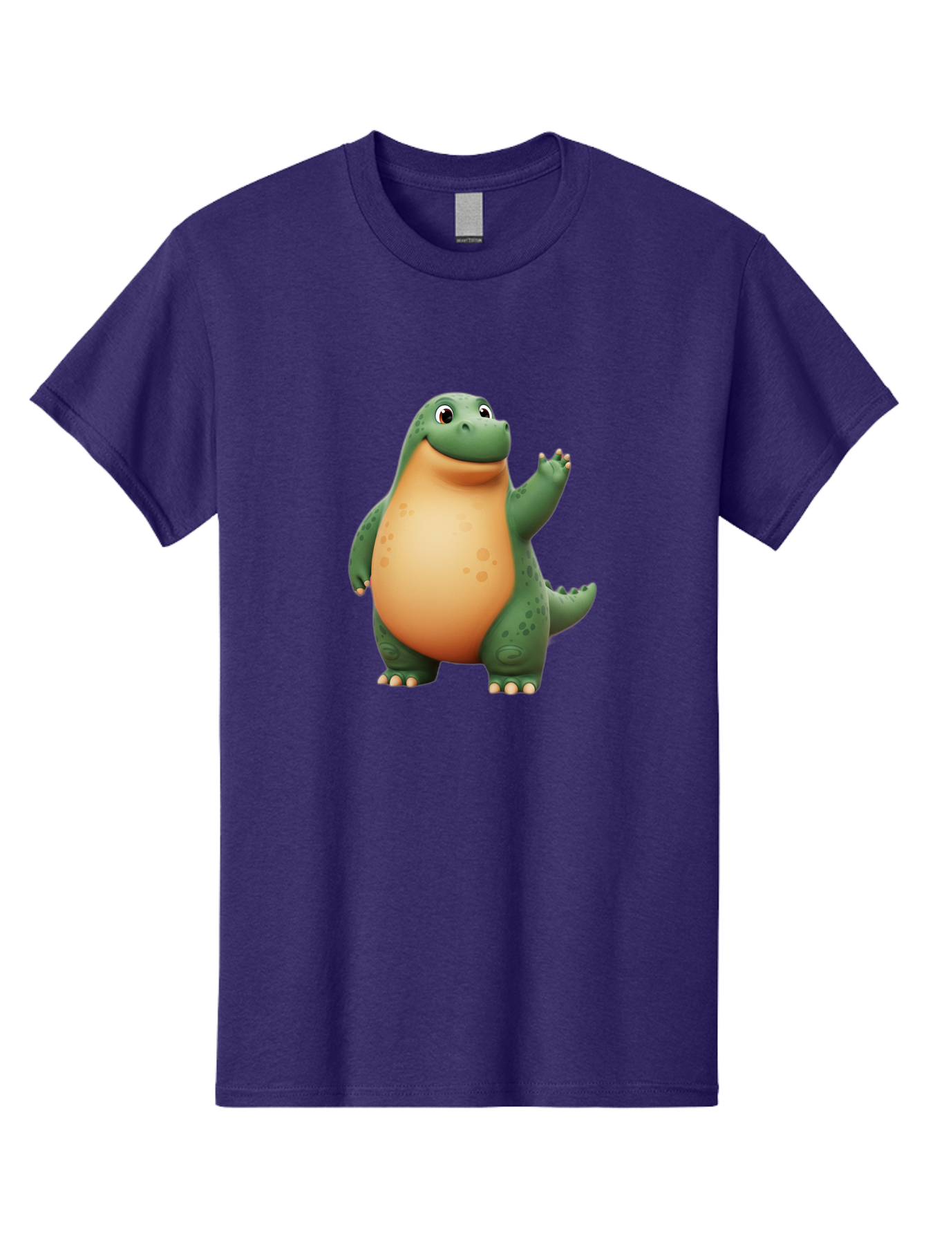 Green-Dinosaur Men'S Graphic Tee, 100% Cotton, Comfortable Casual Summer Wear, Machine Washable, Cartoon T-Rex, Smiling Dinosaur, Green And Orange Creature, Cute Prehistoric Animal, Friendly Monster, Dinosaur Waving, Dinosaur With Big Belly Bae463