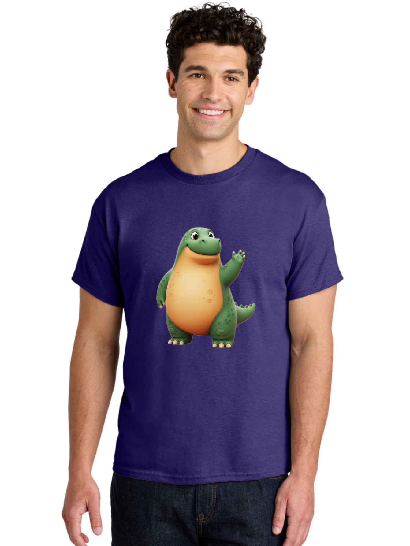 Green-Dinosaur Men'S Graphic Tee, 100% Cotton, Comfortable Casual Summer Wear, Machine Washable, Cartoon T-Rex, Smiling Dinosaur, Green And Orange Creature, Cute Prehistoric Animal, Friendly Monster, Dinosaur Waving, Dinosaur With Big Belly Bae463