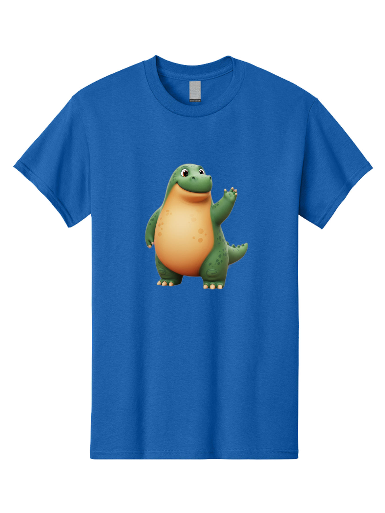 Green-Dinosaur Men'S Graphic Tee, 100% Cotton, Comfortable Casual Summer Wear, Machine Washable, Cartoon T-Rex, Smiling Dinosaur, Green And Orange Creature, Cute Prehistoric Animal, Friendly Monster, Dinosaur Waving, Dinosaur With Big Belly Bae463