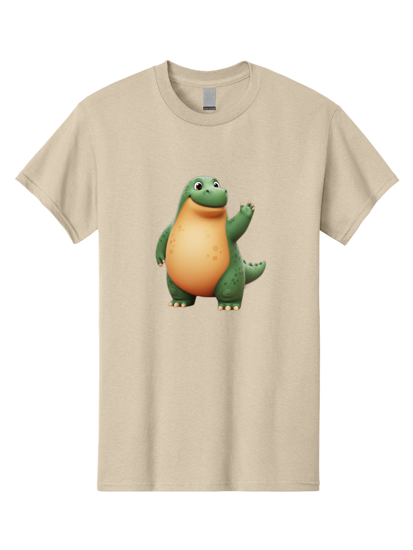Green-Dinosaur Men'S Graphic Tee, 100% Cotton, Comfortable Casual Summer Wear, Machine Washable, Cartoon T-Rex, Smiling Dinosaur, Green And Orange Creature, Cute Prehistoric Animal, Friendly Monster, Dinosaur Waving, Dinosaur With Big Belly Bae463