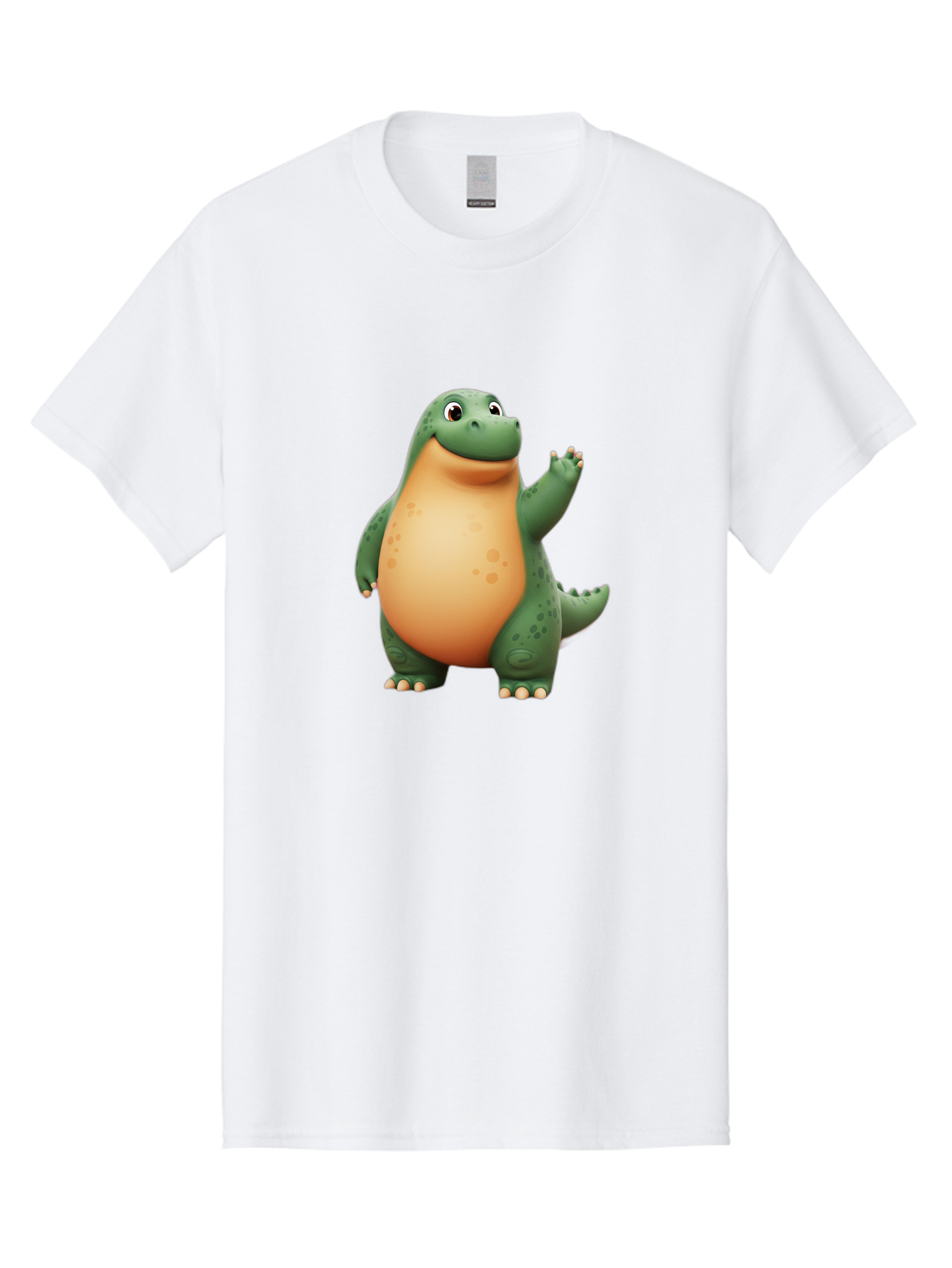 Green-Dinosaur Men'S Graphic Tee, 100% Cotton, Comfortable Casual Summer Wear, Machine Washable, Cartoon T-Rex, Smiling Dinosaur, Green And Orange Creature, Cute Prehistoric Animal, Friendly Monster, Dinosaur Waving, Dinosaur With Big Belly Bae463