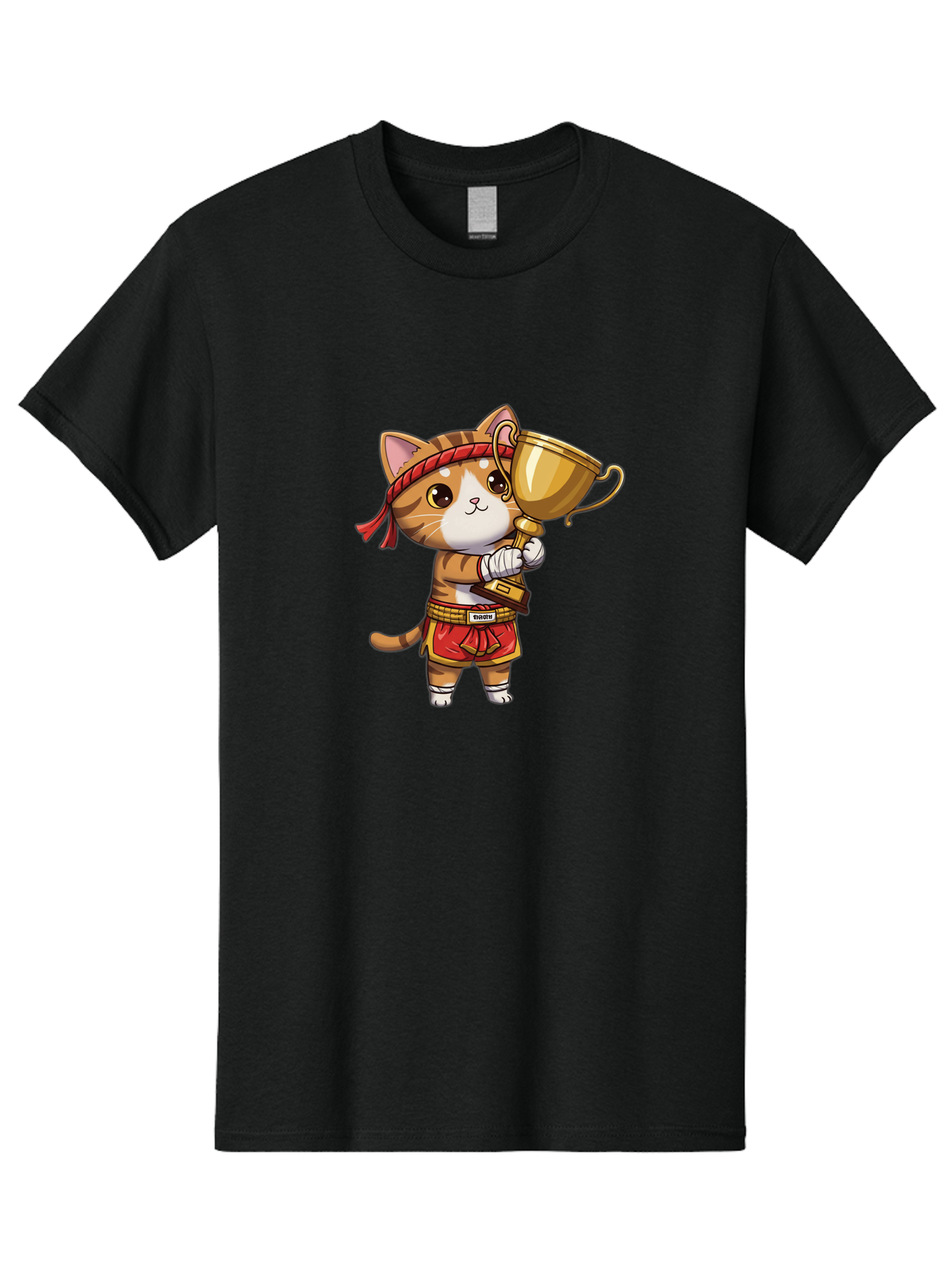 Gudetama-Cat Men'S Graphic Tee, 100% Cotton, Comfortable Casual Summer Wear, Machine Washable, Cartoon Cat, Muay Thai Fighter, Golden Trophy, Martial Arts, Winner, Champion, Adorable Cat, Red Shorts, Headband, Victorious, Celebratory Bae464