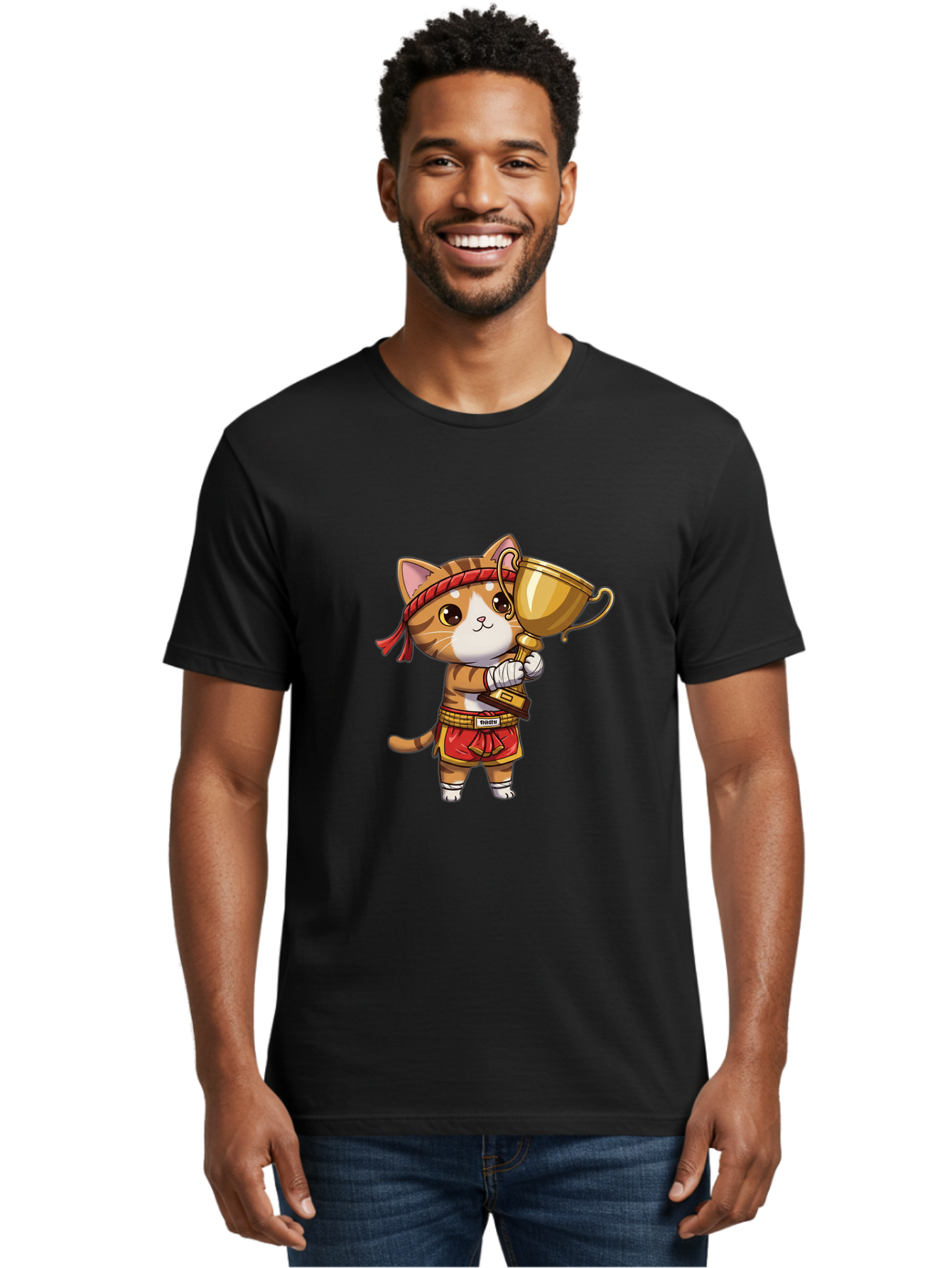 Gudetama-Cat Men'S Graphic Tee, 100% Cotton, Comfortable Casual Summer Wear, Machine Washable, Cartoon Cat, Muay Thai Fighter, Golden Trophy, Martial Arts, Winner, Champion, Adorable Cat, Red Shorts, Headband, Victorious, Celebratory Bae464