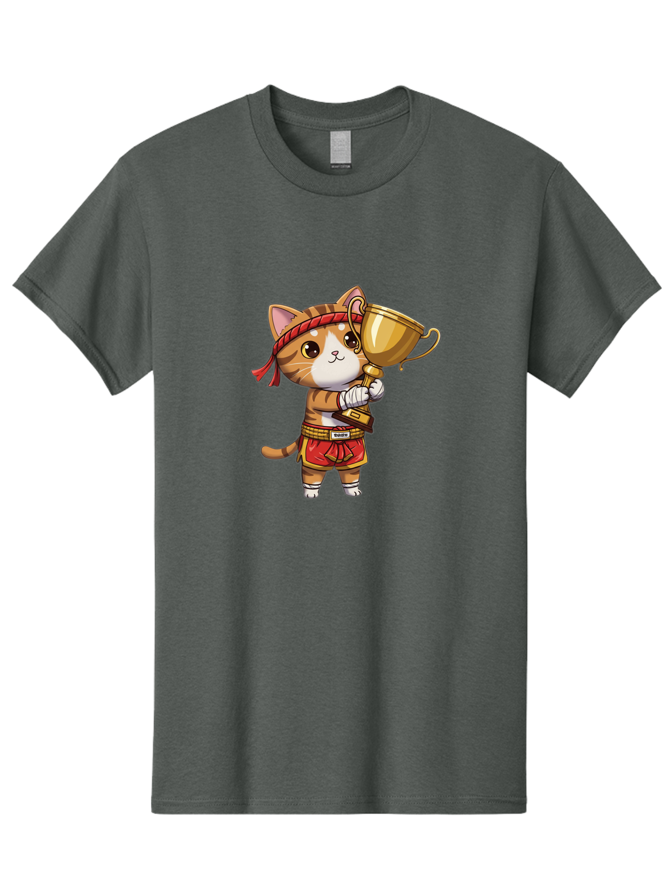 Gudetama-Cat Men'S Graphic Tee, 100% Cotton, Comfortable Casual Summer Wear, Machine Washable, Cartoon Cat, Muay Thai Fighter, Golden Trophy, Martial Arts, Winner, Champion, Adorable Cat, Red Shorts, Headband, Victorious, Celebratory Bae464