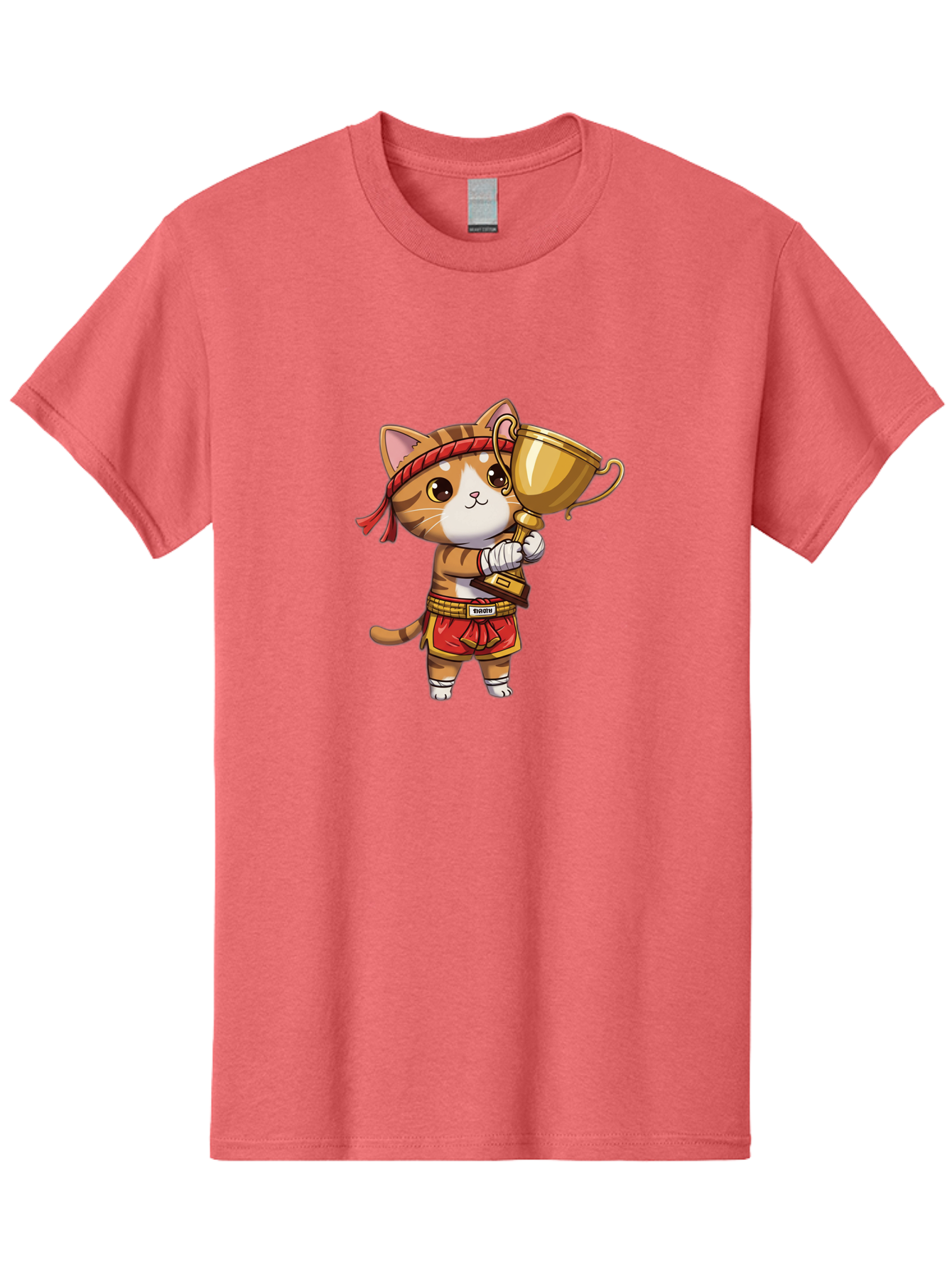 Gudetama-Cat Men'S Graphic Tee, 100% Cotton, Comfortable Casual Summer Wear, Machine Washable, Cartoon Cat, Muay Thai Fighter, Golden Trophy, Martial Arts, Winner, Champion, Adorable Cat, Red Shorts, Headband, Victorious, Celebratory Bae464