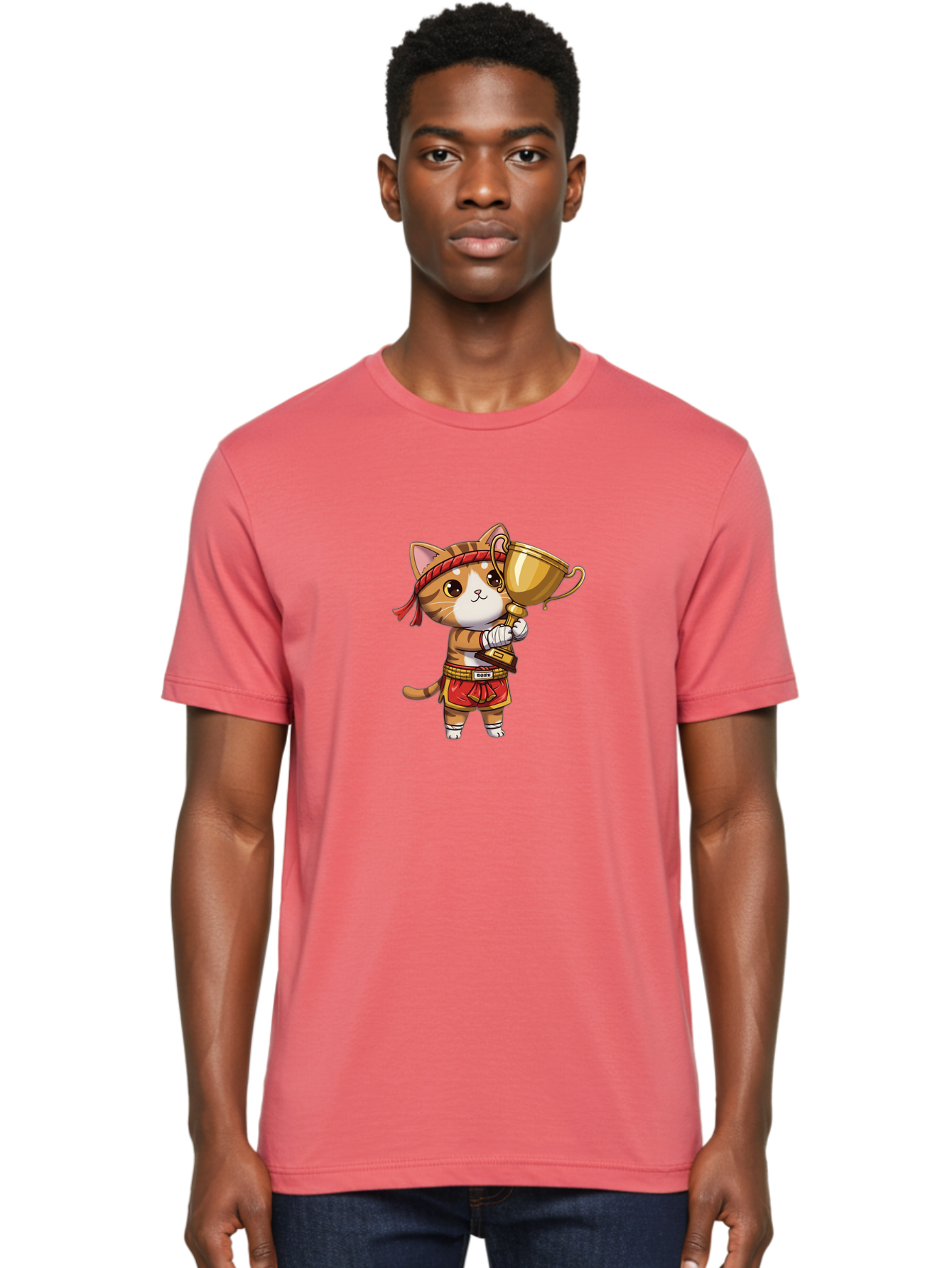 Gudetama-Cat Men'S Graphic Tee, 100% Cotton, Comfortable Casual Summer Wear, Machine Washable, Cartoon Cat, Muay Thai Fighter, Golden Trophy, Martial Arts, Winner, Champion, Adorable Cat, Red Shorts, Headband, Victorious, Celebratory Bae464