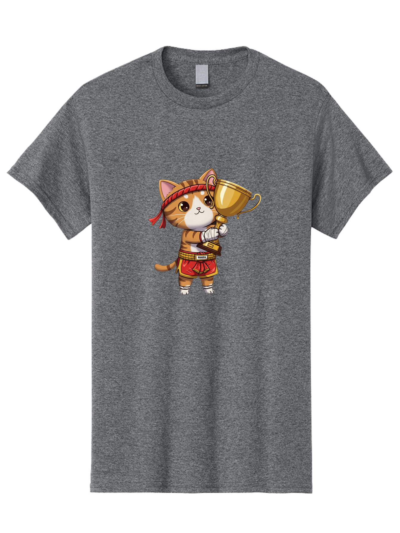 Gudetama-Cat Men'S Graphic Tee, 100% Cotton, Comfortable Casual Summer Wear, Machine Washable, Cartoon Cat, Muay Thai Fighter, Golden Trophy, Martial Arts, Winner, Champion, Adorable Cat, Red Shorts, Headband, Victorious, Celebratory Bae464