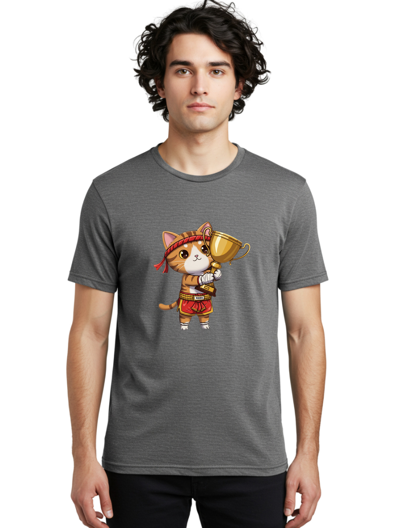 Gudetama-Cat Men'S Graphic Tee, 100% Cotton, Comfortable Casual Summer Wear, Machine Washable, Cartoon Cat, Muay Thai Fighter, Golden Trophy, Martial Arts, Winner, Champion, Adorable Cat, Red Shorts, Headband, Victorious, Celebratory Bae464