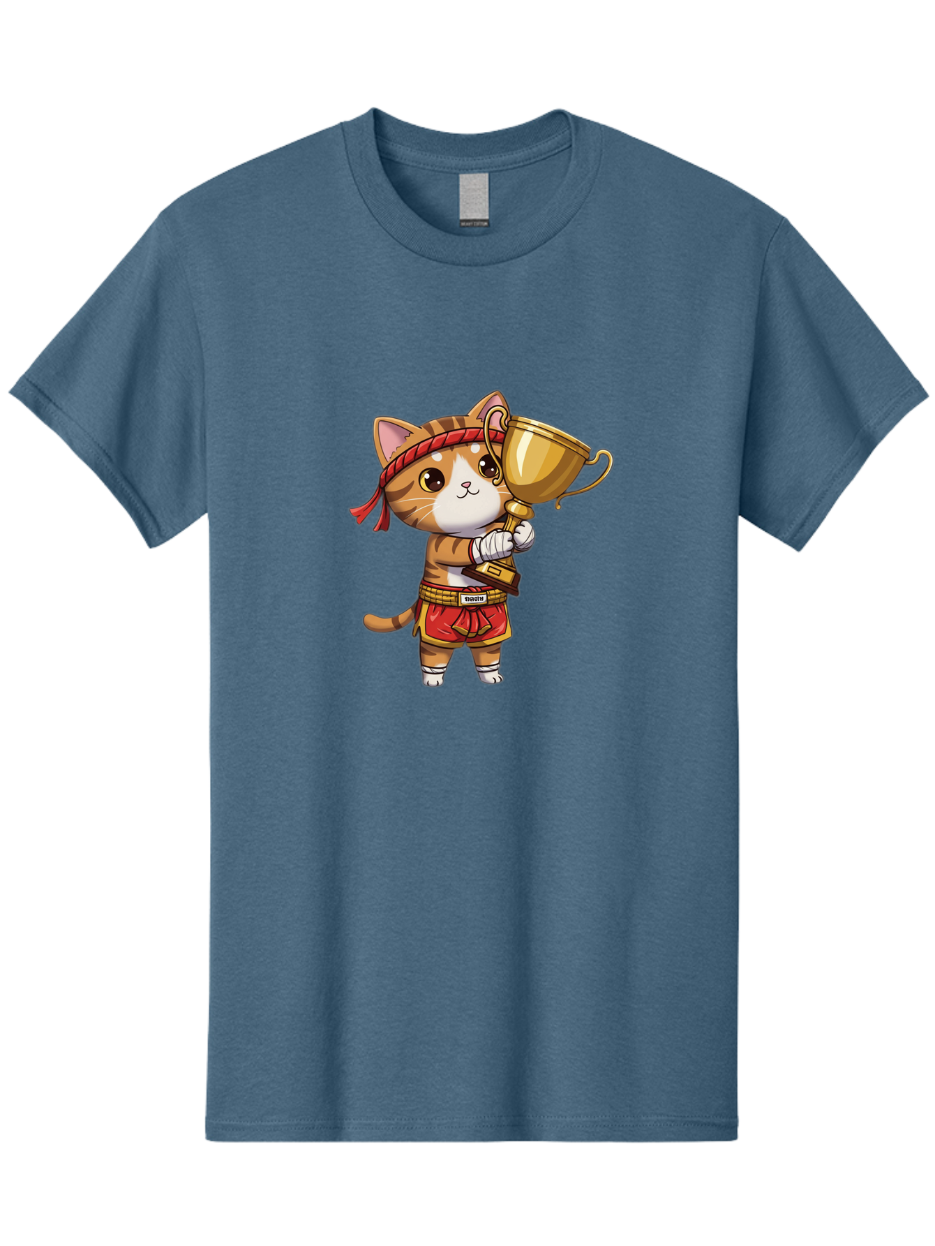 Gudetama-Cat Men'S Graphic Tee, 100% Cotton, Comfortable Casual Summer Wear, Machine Washable, Cartoon Cat, Muay Thai Fighter, Golden Trophy, Martial Arts, Winner, Champion, Adorable Cat, Red Shorts, Headband, Victorious, Celebratory Bae464